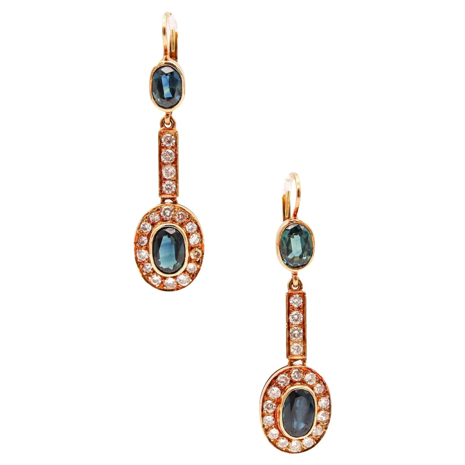 AUSTRIAN 1930 Art Deco Dangle Earrings 14Kt Gold & 5.66 Ctw Diamonds & Sapphires