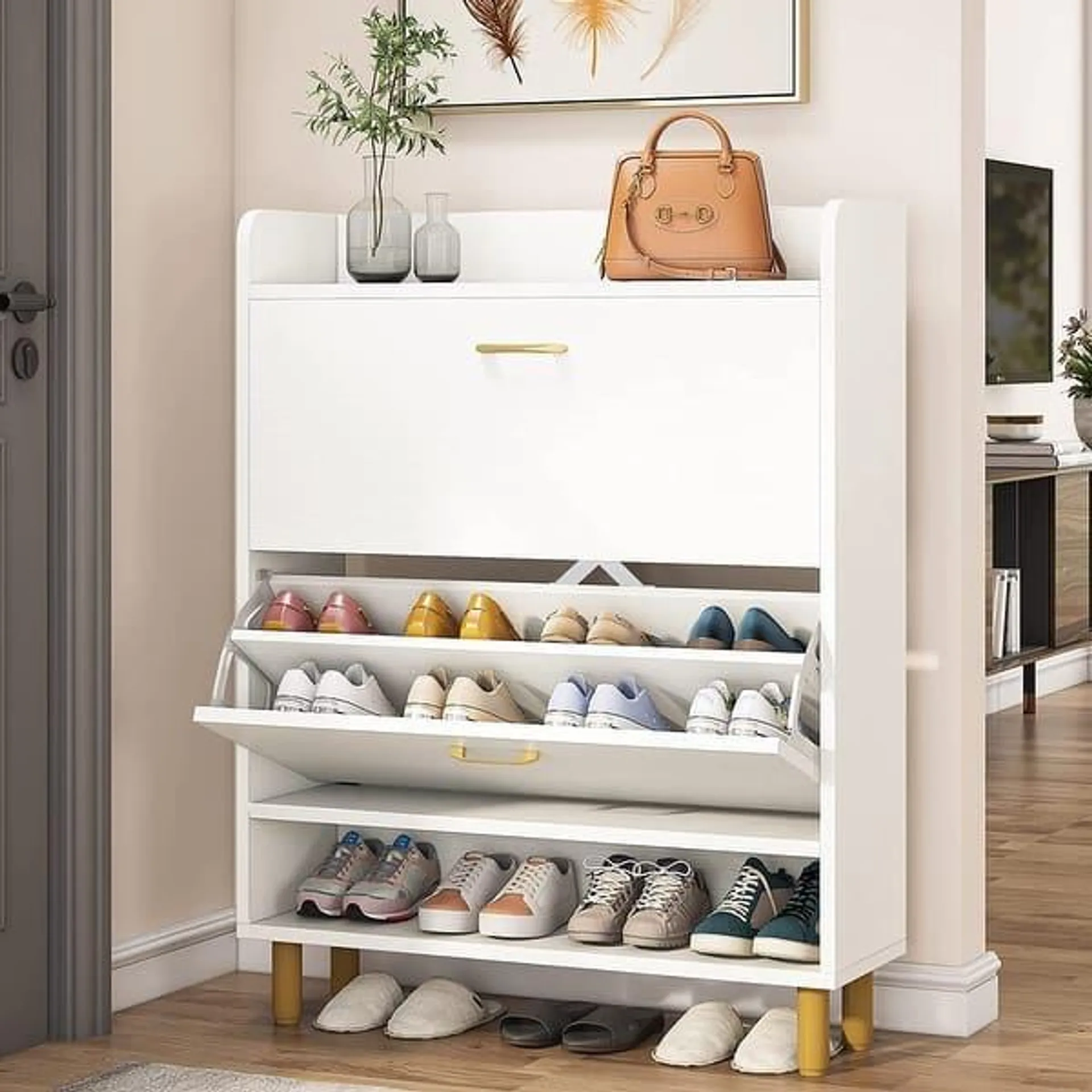 Shoe Storage Cabinet, 24 Pair Shoe Storage with 2 Drawers, Brown/White - 2-Tier