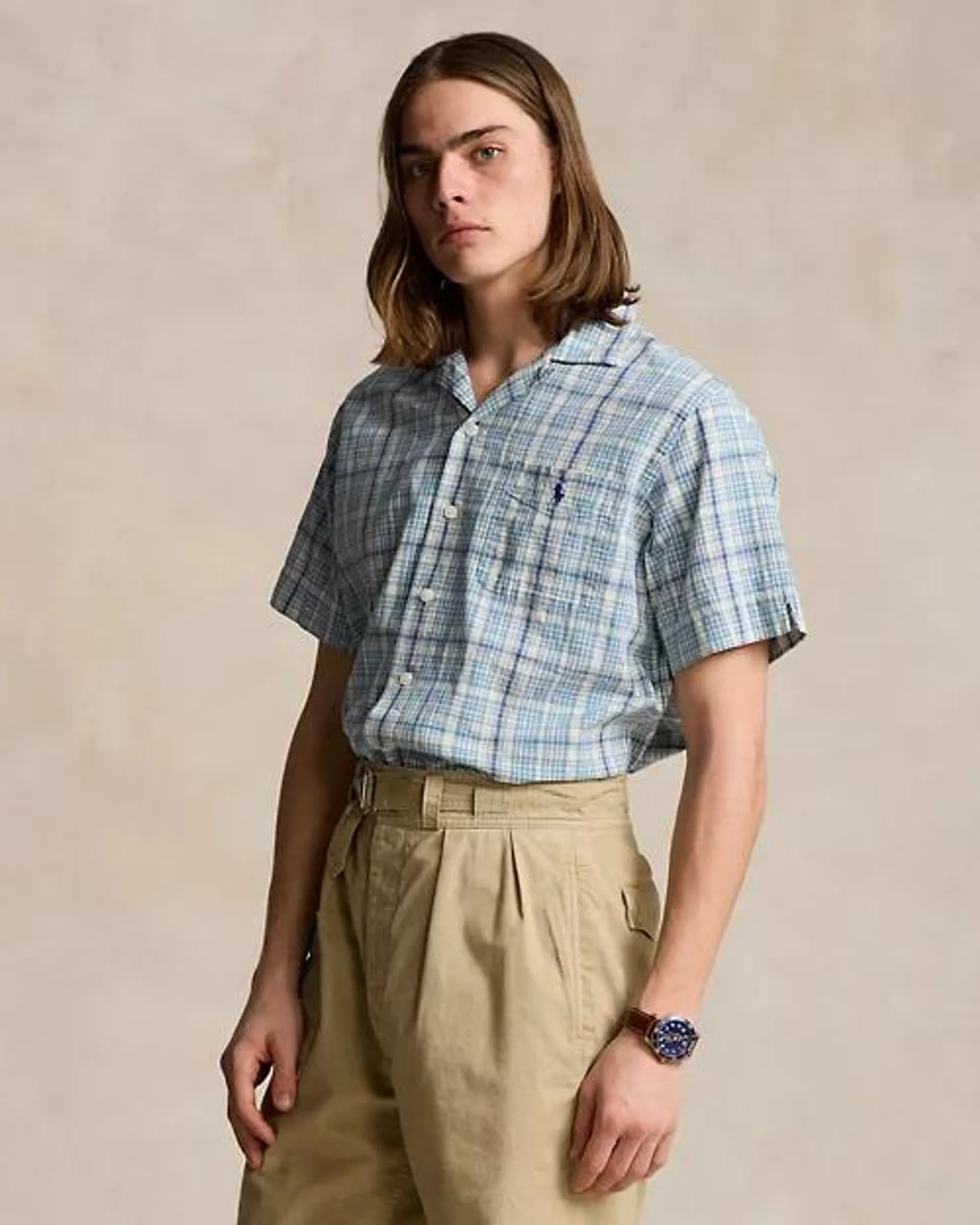 Classic Fit Plaid Linen-Blend Camp Shirt