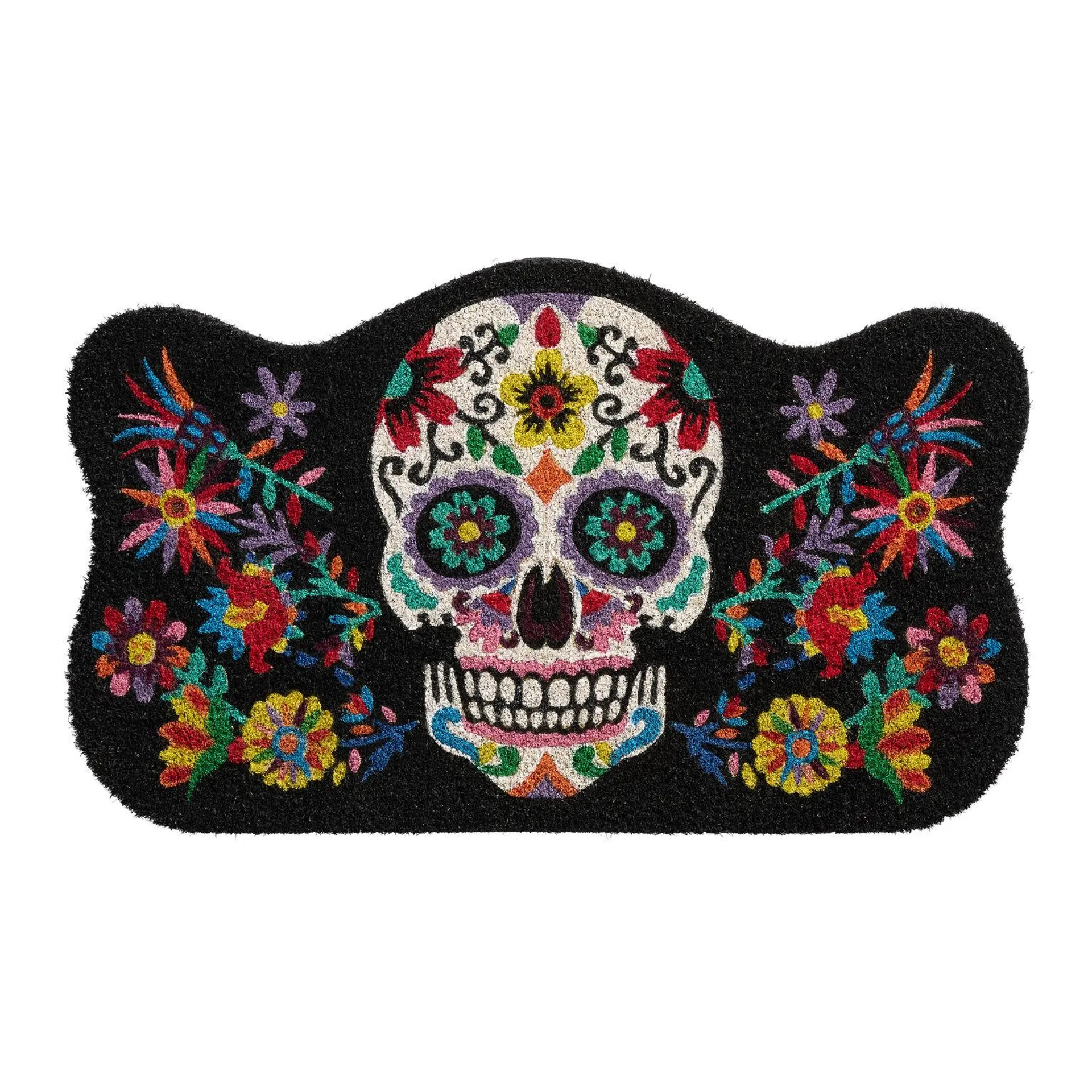 White Multicolor Floral Sugar Skull Coir Doormat