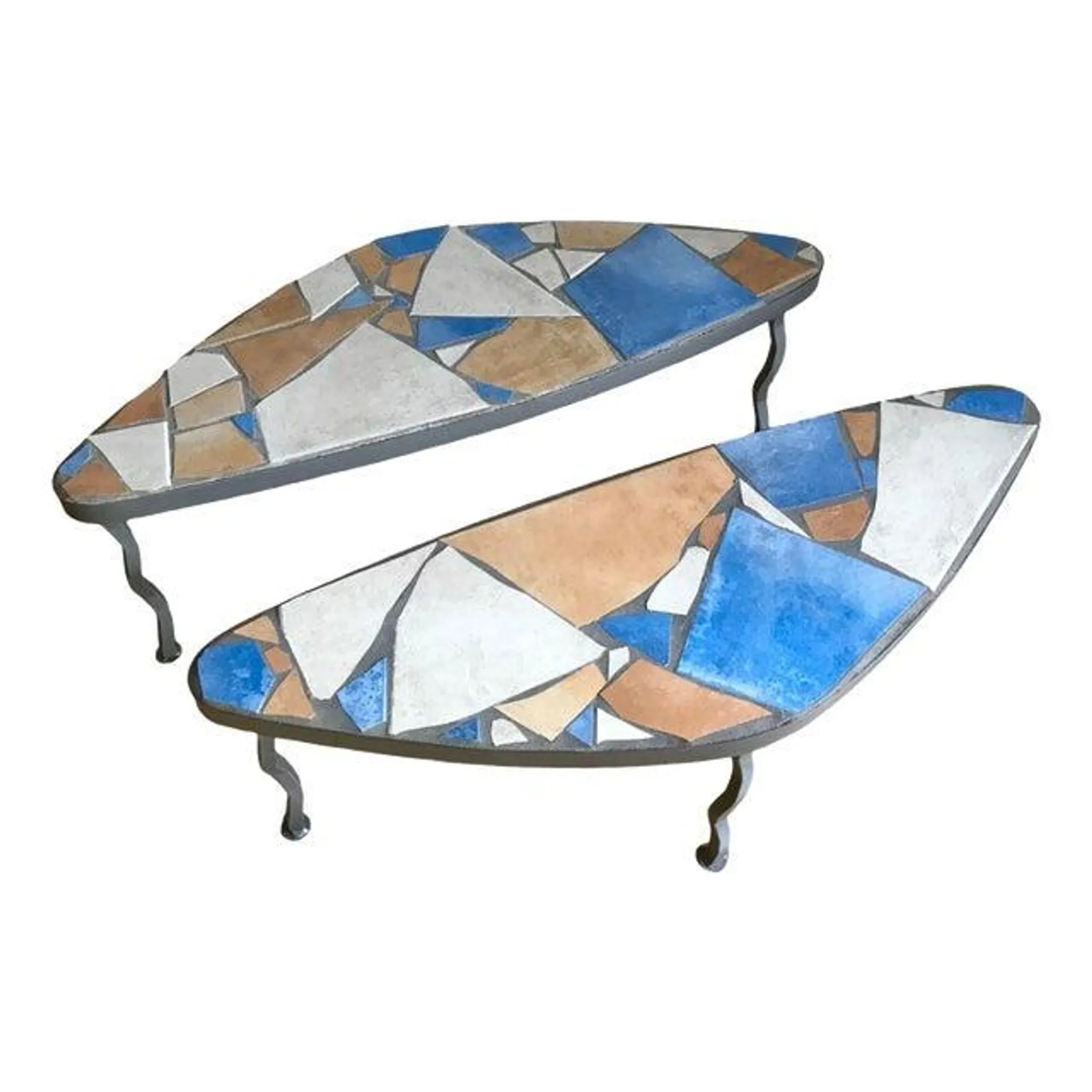 Amoeba Cocktail Tables With Tile Mosaic Tops and Steel Wavy Legs - Set of 2