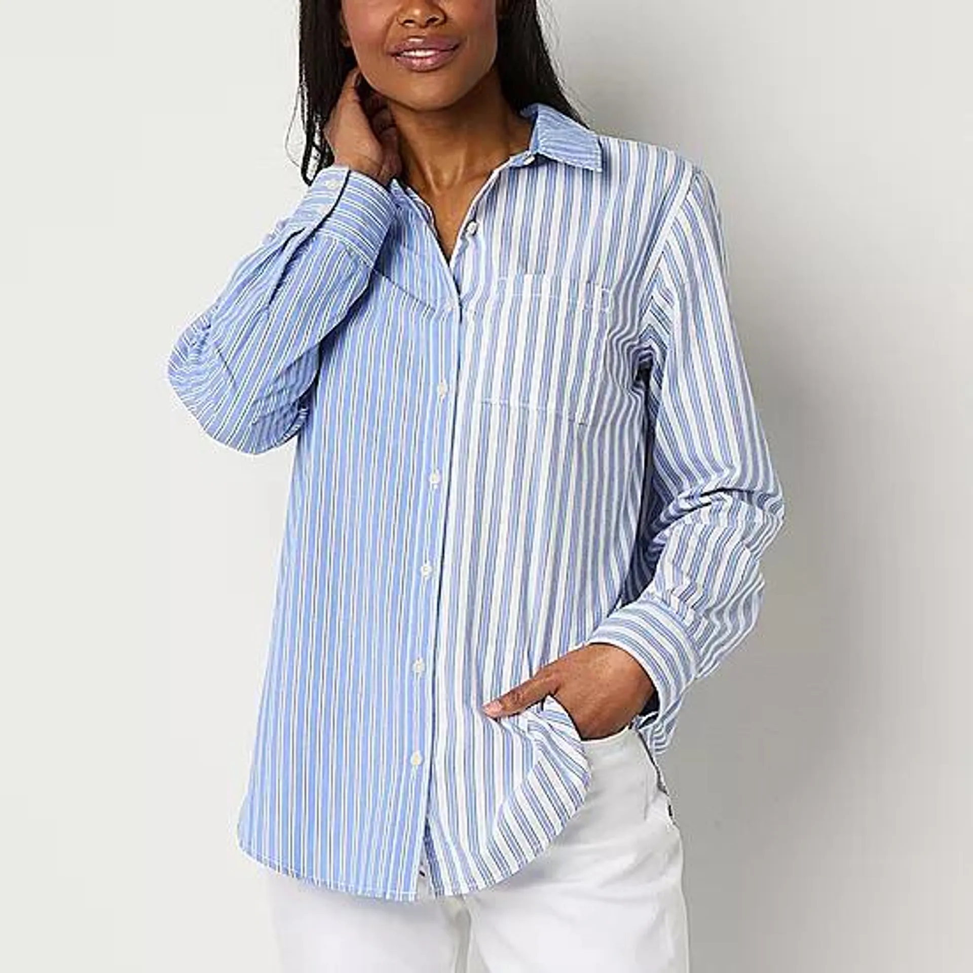 St. John's Bay Womens Long Sleeve Relaxed Fit Button-Down Shirt