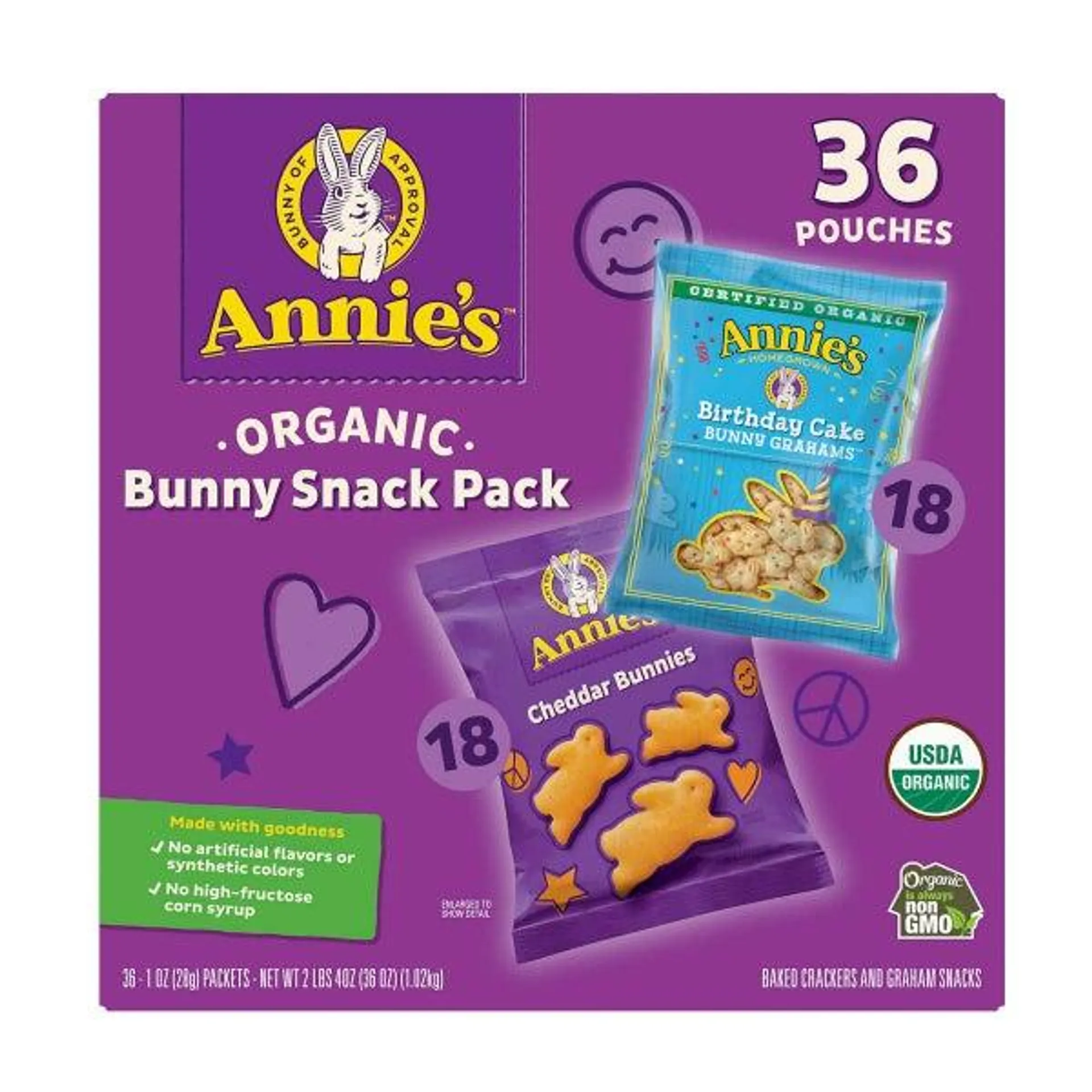 Annie's Organic Bunny Snack Pack Baked Crackers and Graham Snacks, 1.07 oz, Variety Pack, 36-count