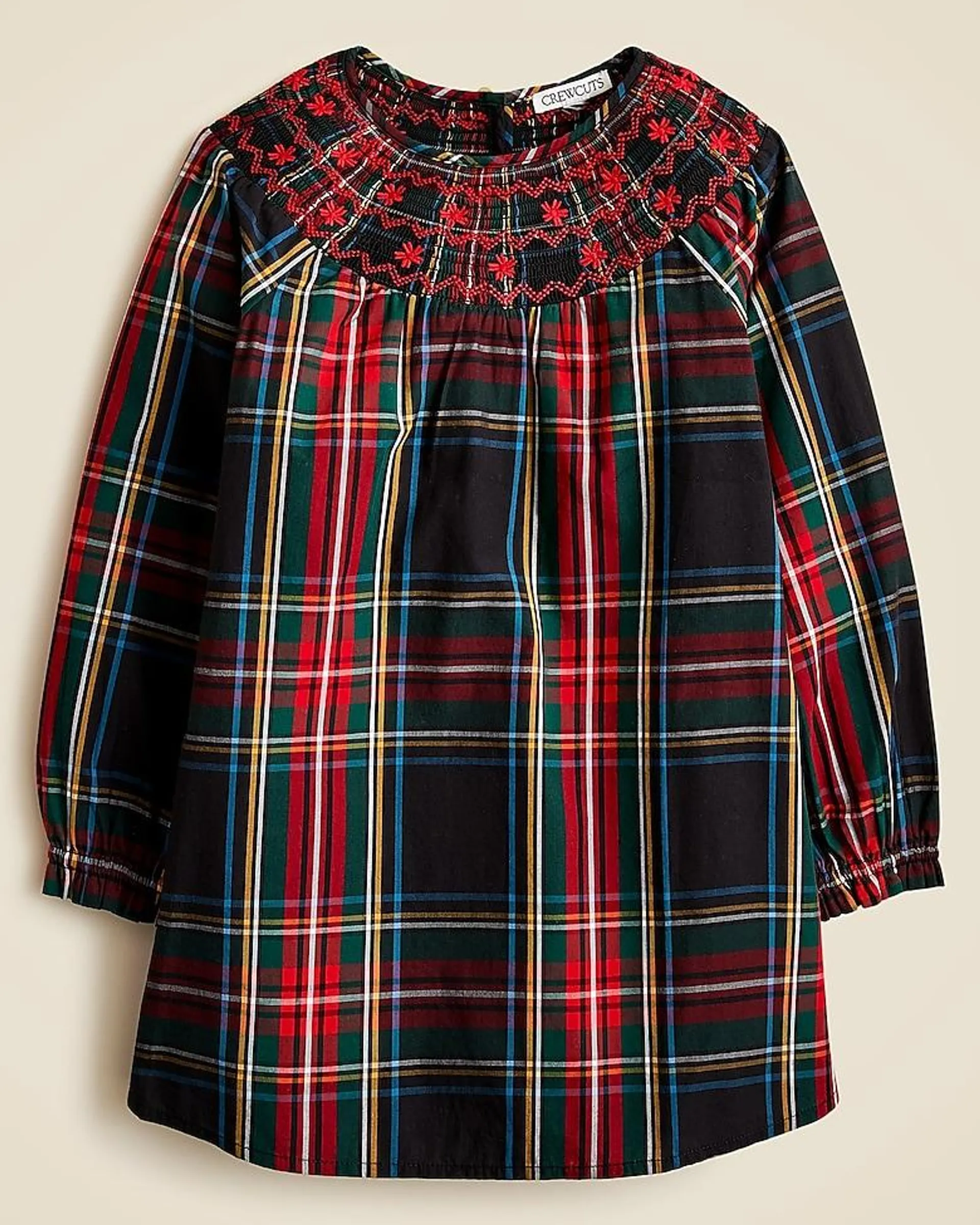 Girls' smocked Stewart tartan dress with embroidery