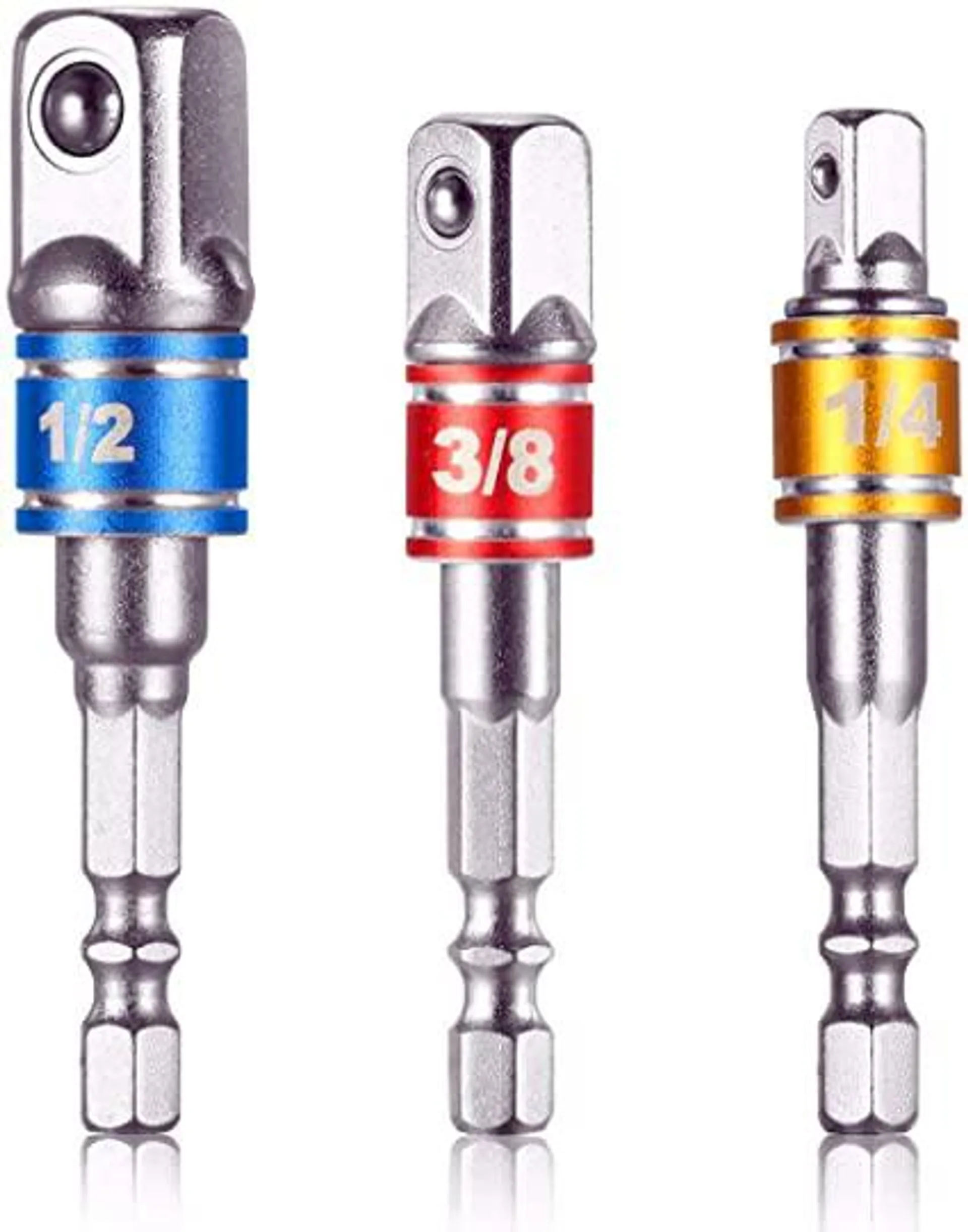 Impact Grade Socket Adapter/Extension Set Turns Power Drill Into High Speed Nut Driver,1/4-Inch Hex Shank to Drive for Adapters to Use with Drill Chucks, Sizes 1/4" 3/8" 1/2", Cr-V, 3-Piece