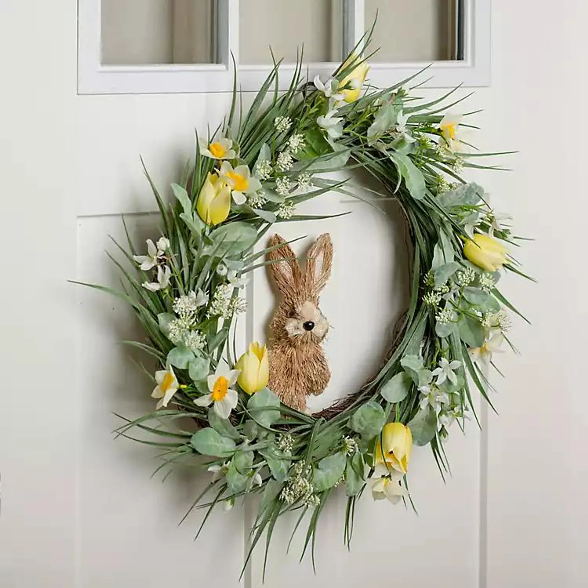 Yellow Daffodil & Mixed Greenery Wreath with Bunny