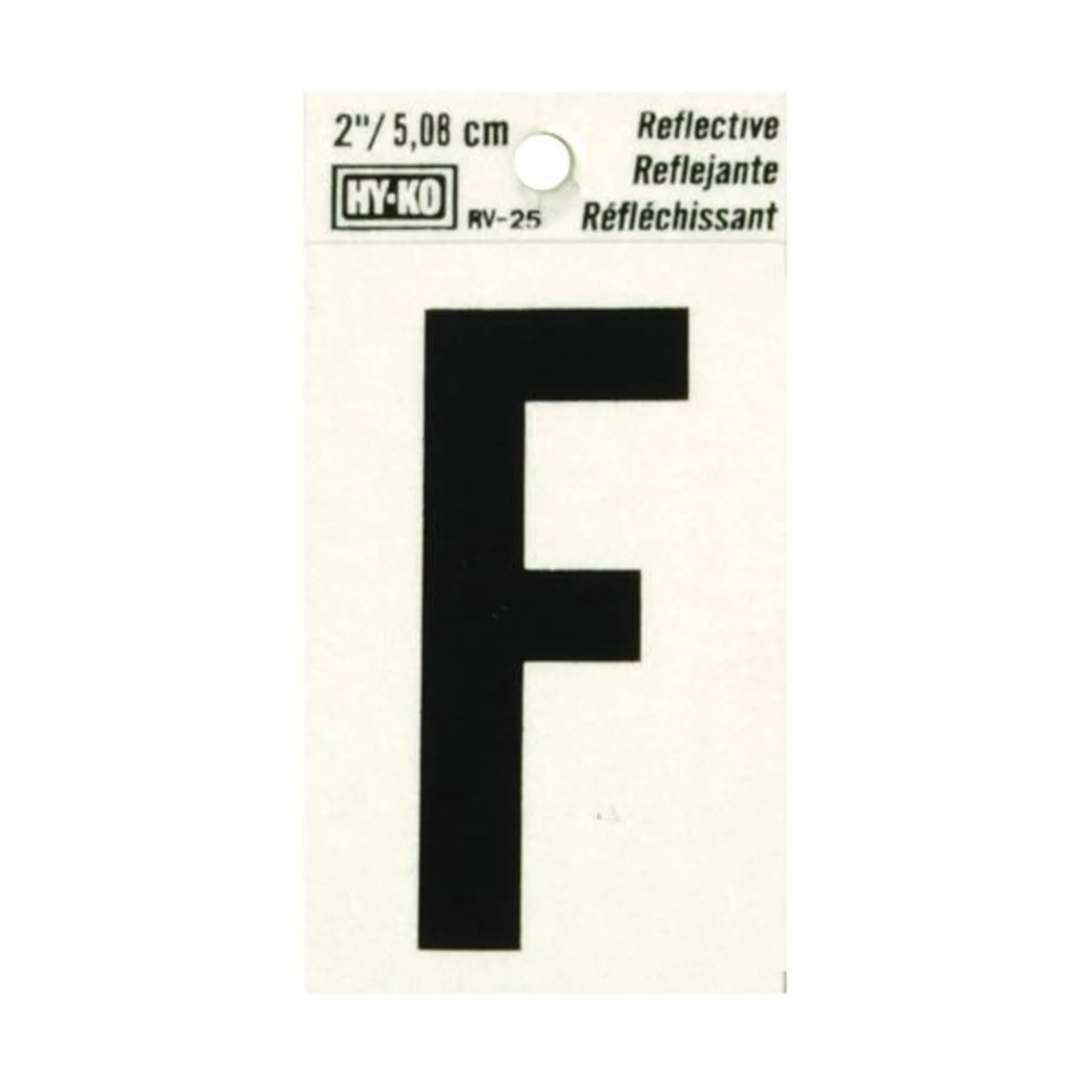 RV-25/F Reflective Letter, Character: F, 2 in H Character, Black Character, Silver Background, Vinyl