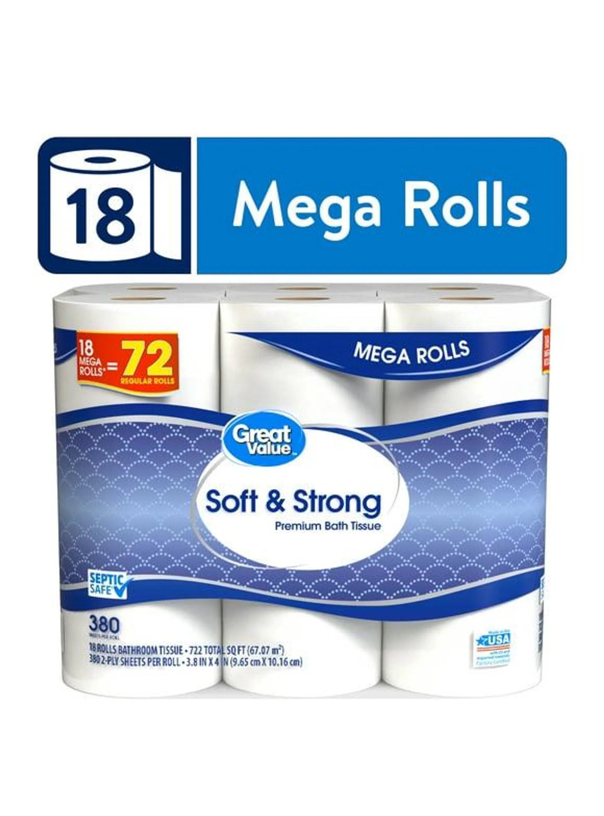 Great Value Soft & Strong Premium Toilet Paper, 18 Mega Rolls