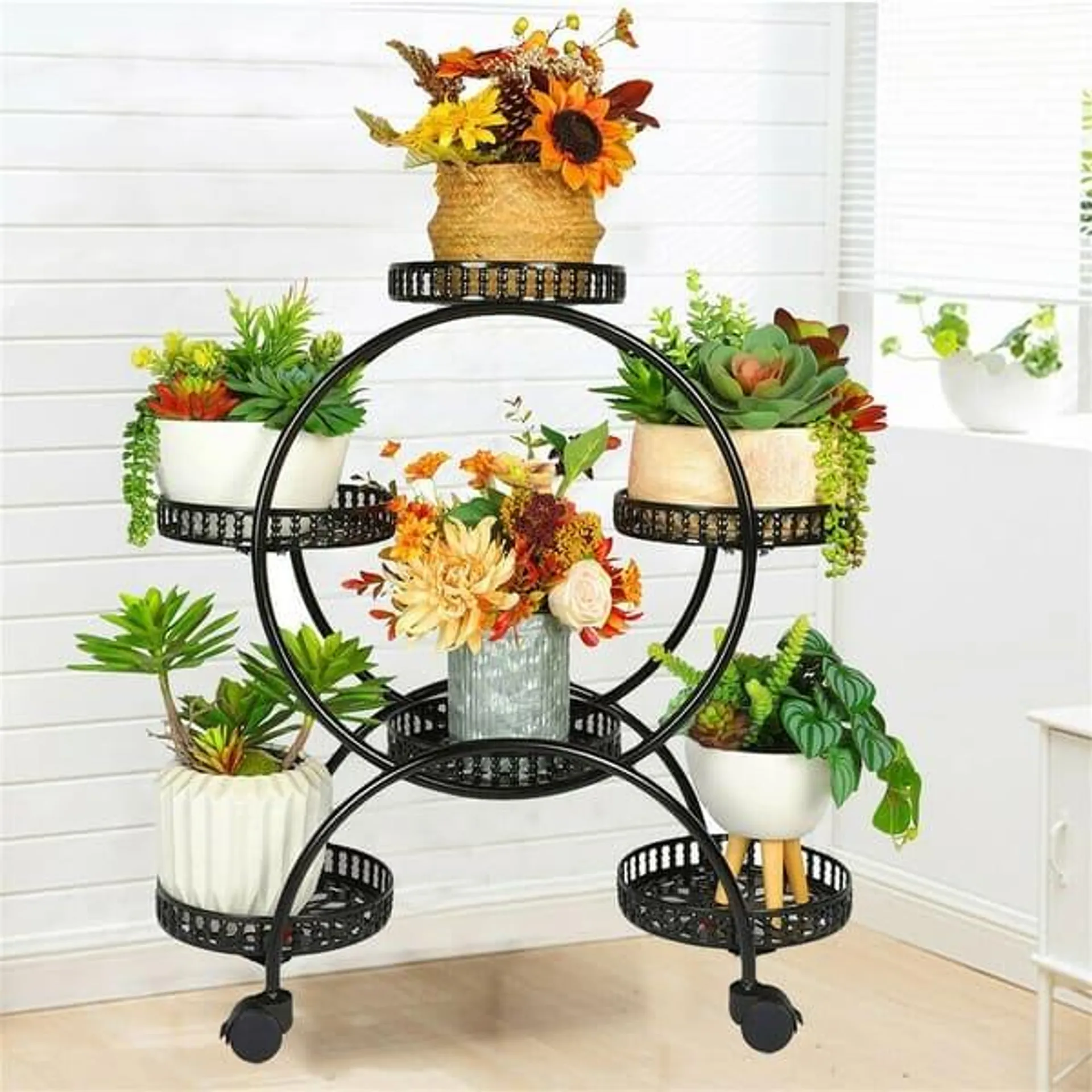 UNHO Round Multi-Tiered Plant Stand Flower Pots Shelf with Wheels