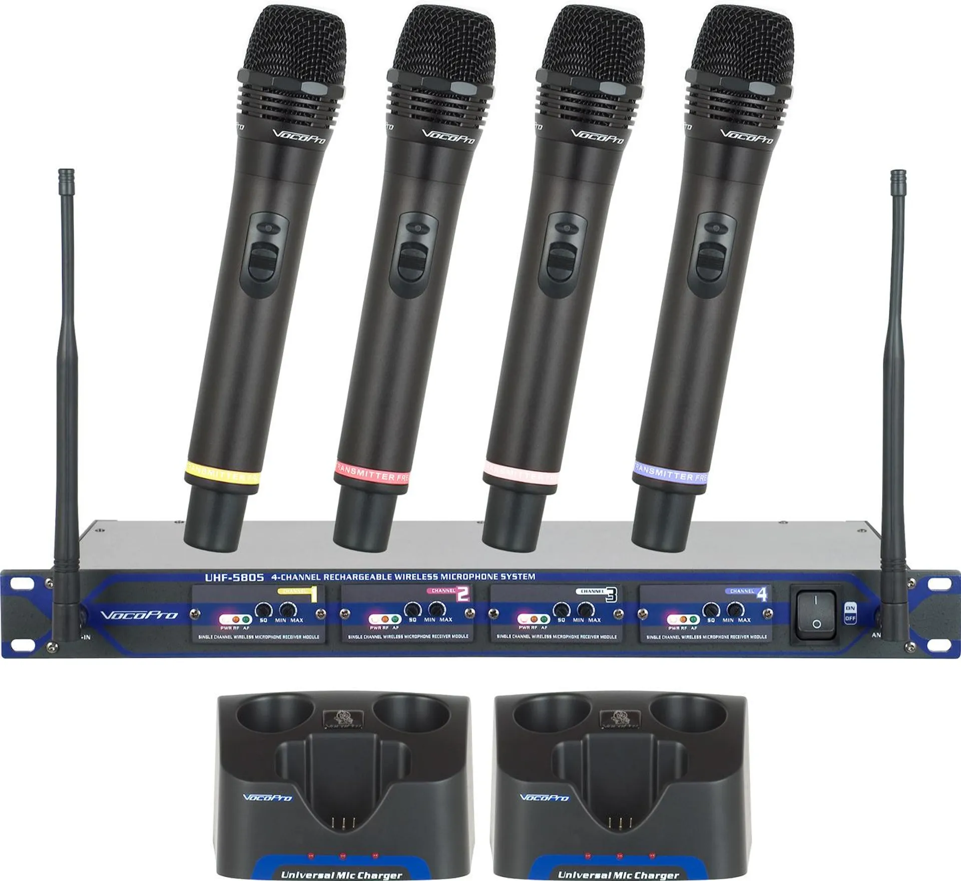 VocoPro Professional Rechargeable 4 Channel UHF Wireless Microphone System