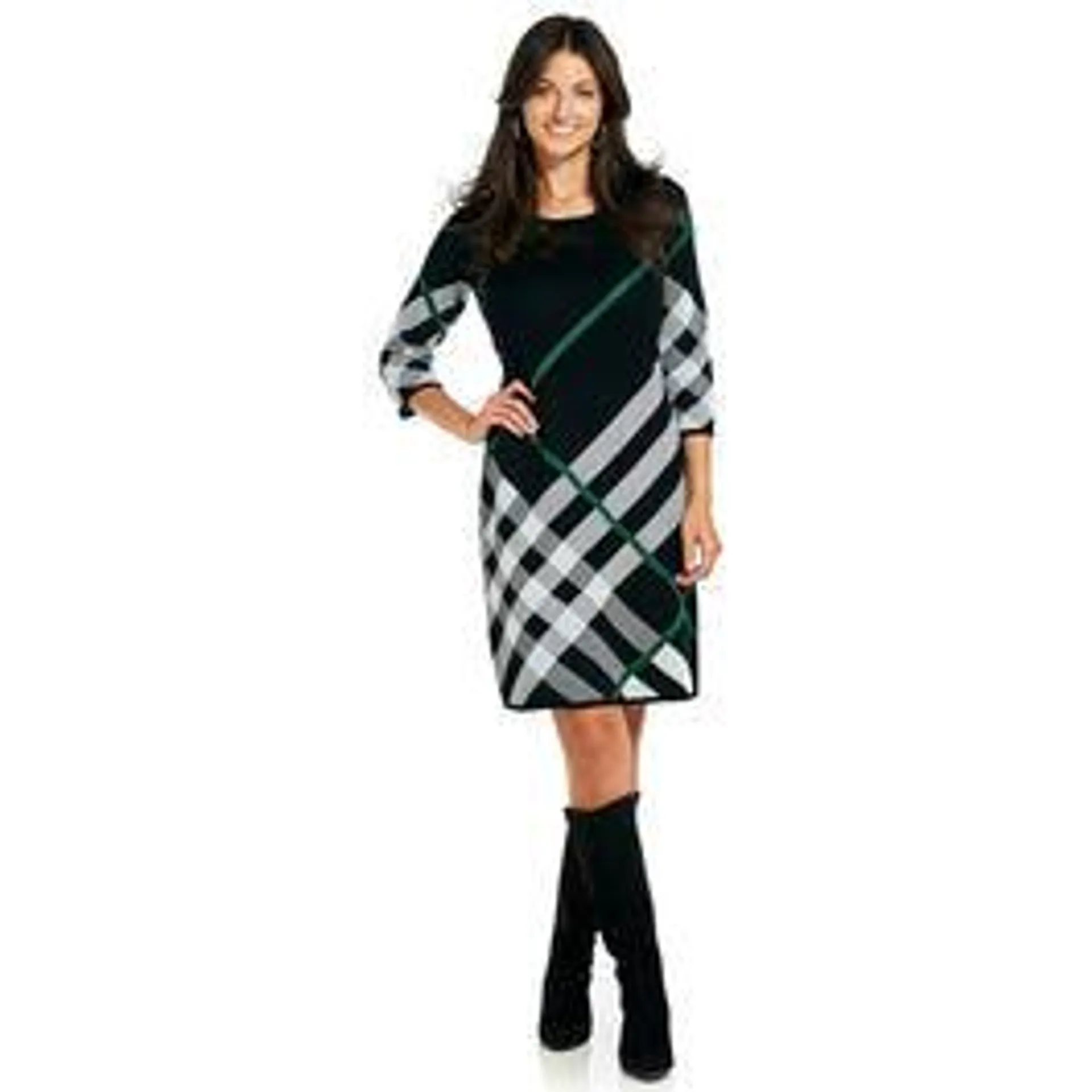 Womens Nina Leonard 3/4 Sleeve Plaid Sweater Dress