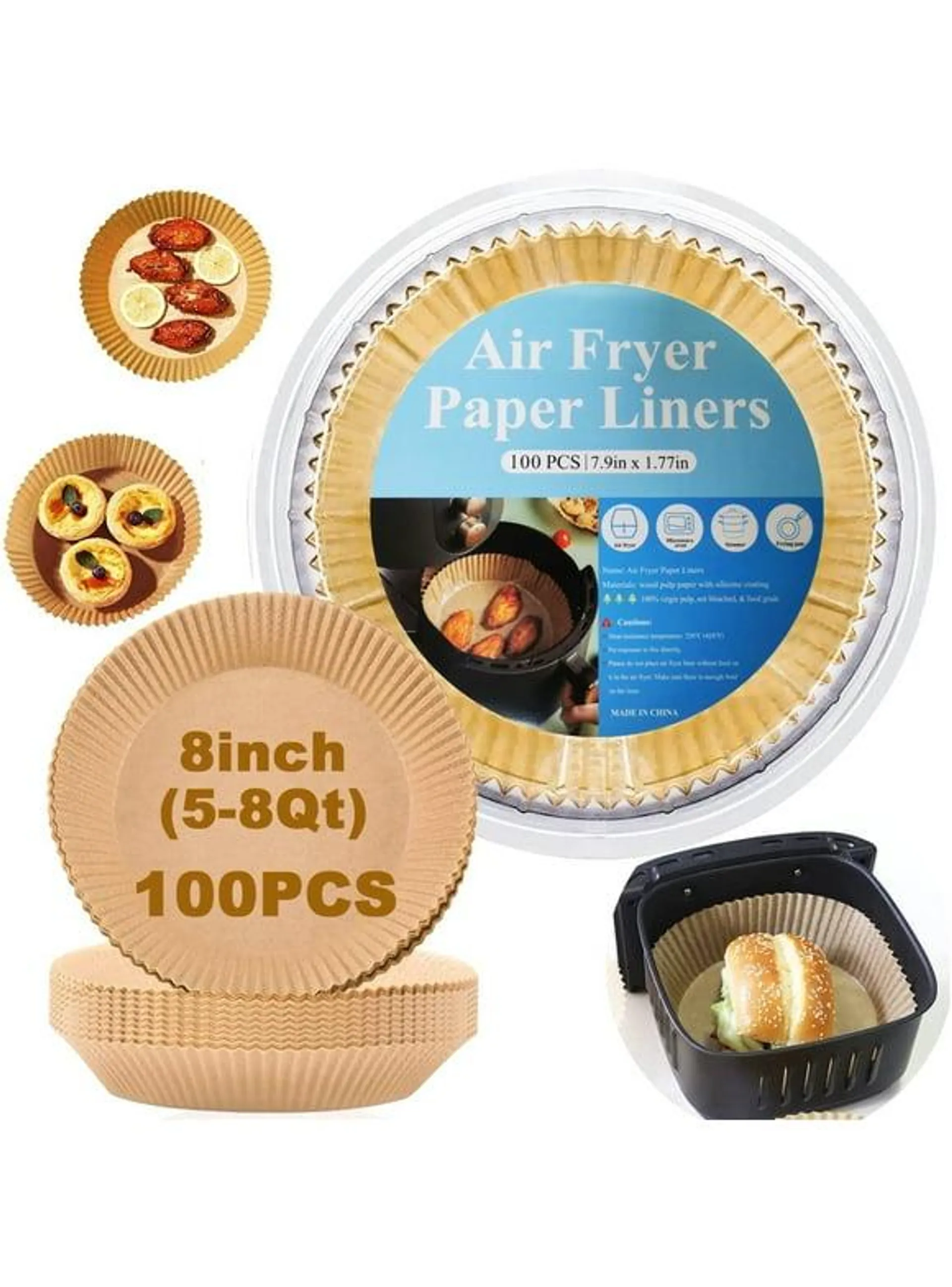 M BUDER Air Fryer Disposable Paper Liners, 100PCS Non-Stick Air Fryer Parchment Liner, Oil Resistant, Waterproof, Food Grade Baking Paper for 5-8 QT Air Fryer Baking Roasting Microwave 8inch