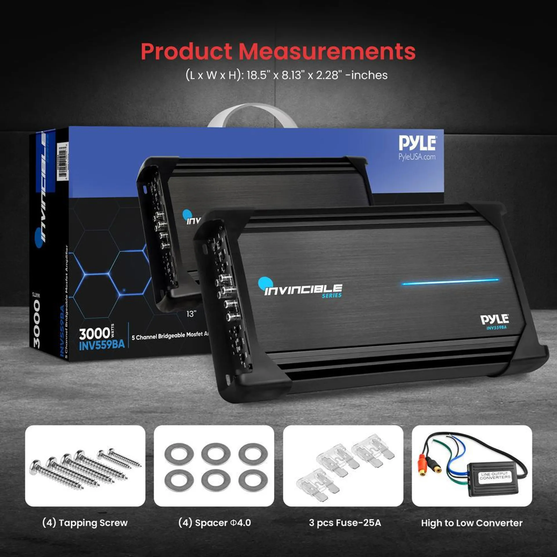 pyle 18 class ab mosfet amplifier - invincible series bridgeable amp, 5 channel 3000 watts max, mosfet pwm power supply, high