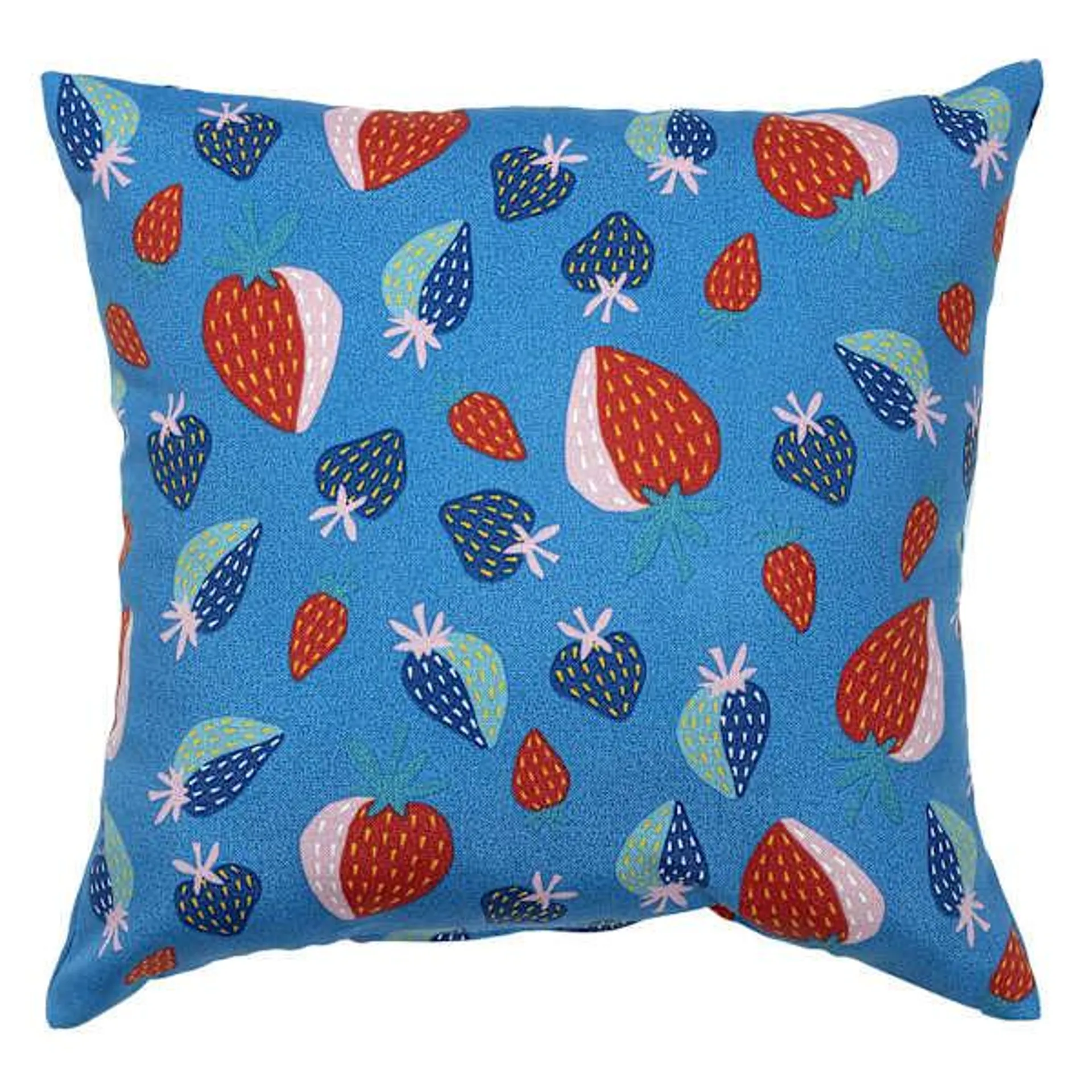 Blue Strawberries Print Square Outdoor Throw Pillow, 17"