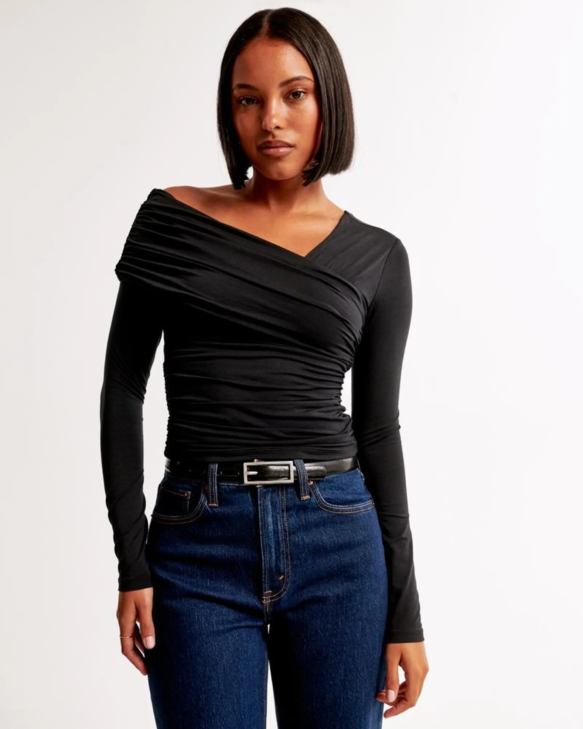 Long-Sleeve Off-The-Shoulder Draped Wrap Top