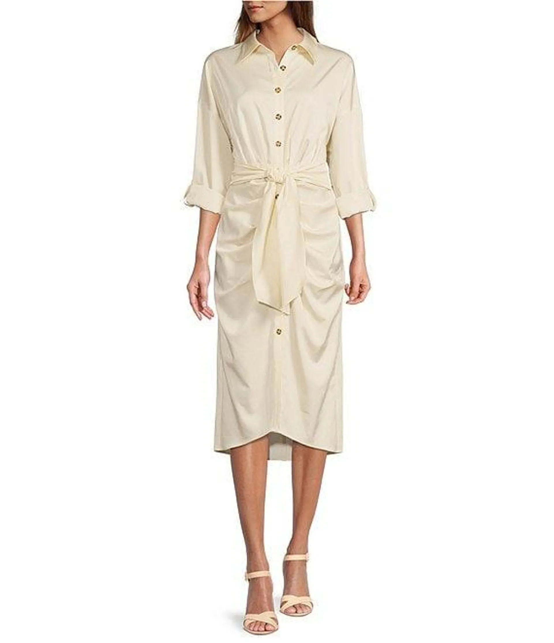 Roxanne Point Collar Long Sleeve Ruched Tie Waist Button Front Shirt Dress