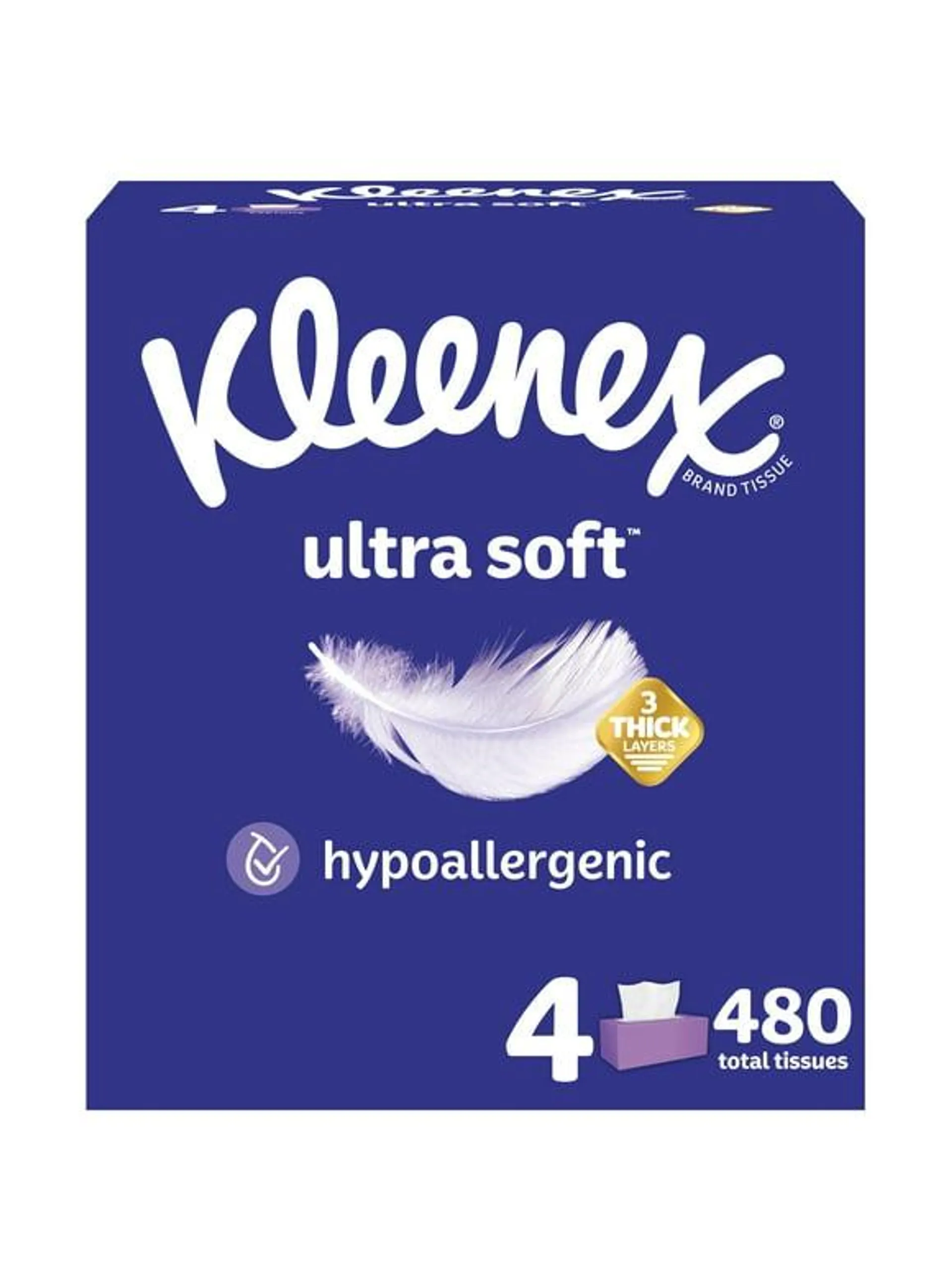 Kleenex Ultra Soft Facial Tissues, 4 Flat Boxes, 120 Tissues per Box, 3-Ply