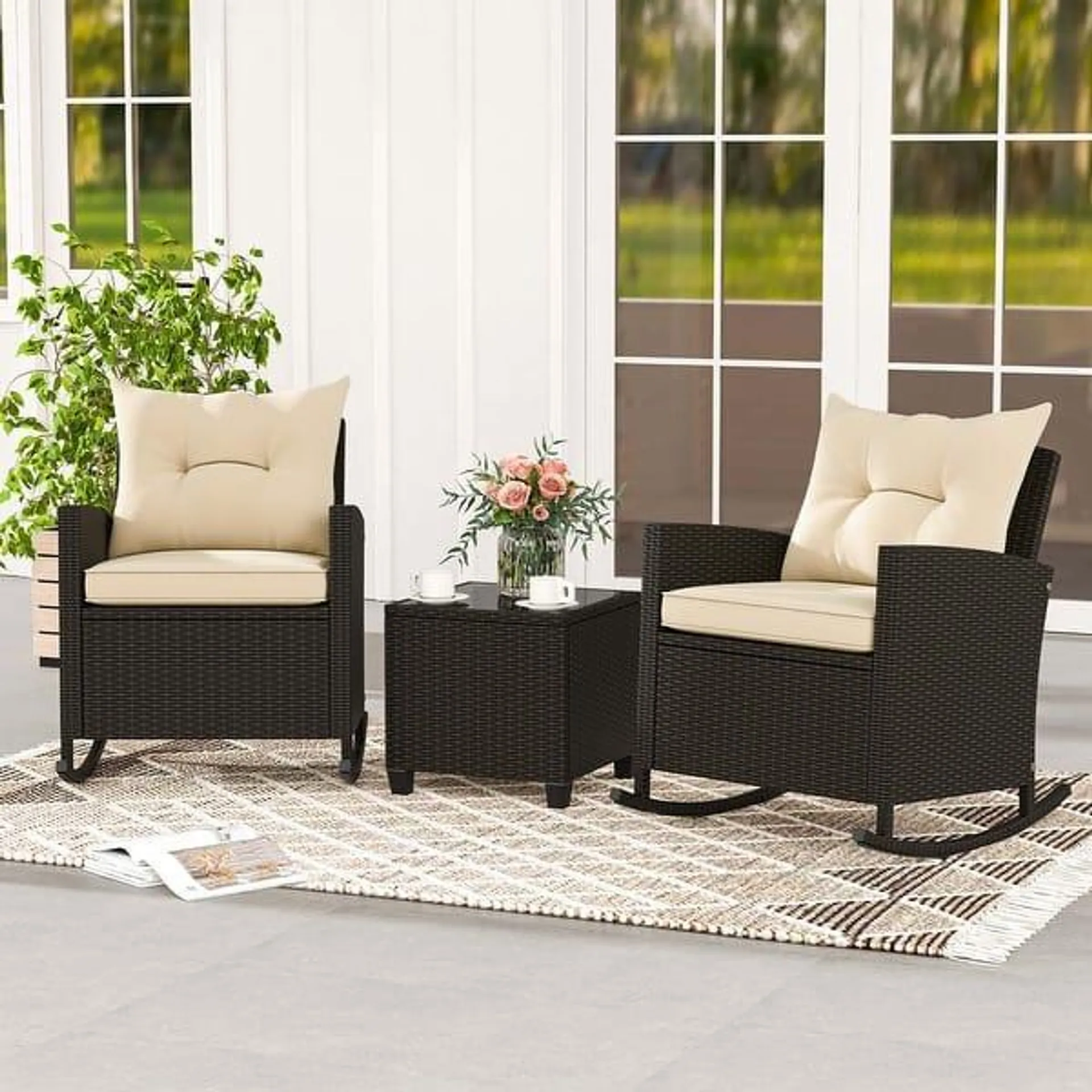 Costway 3 PCS Patio Wicker Rocking Set with Tempered Glass Table & - See Details