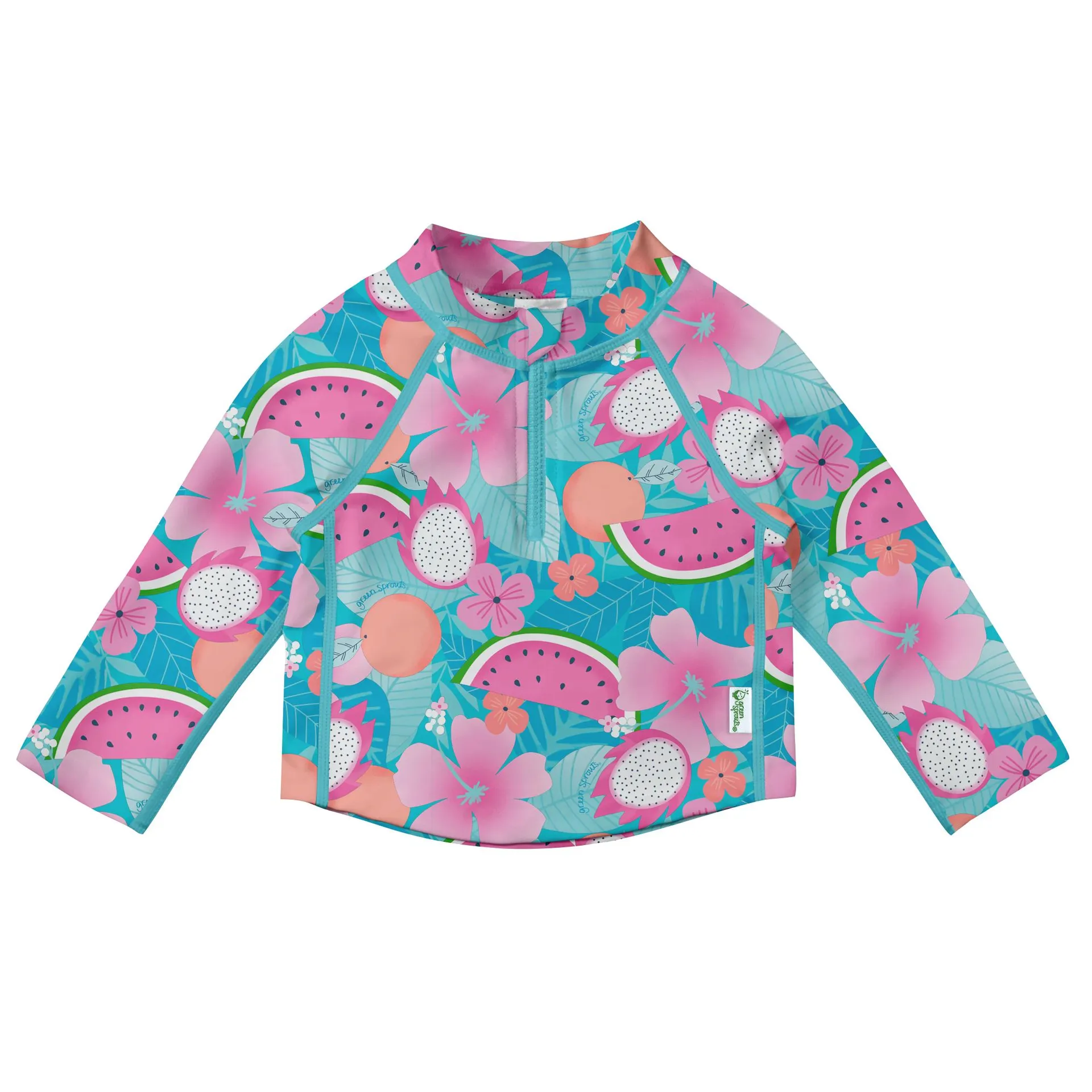 Green Sprouts Long Sleeve Zip Rashguard Shirt Aqua Tropical Fruit Floral