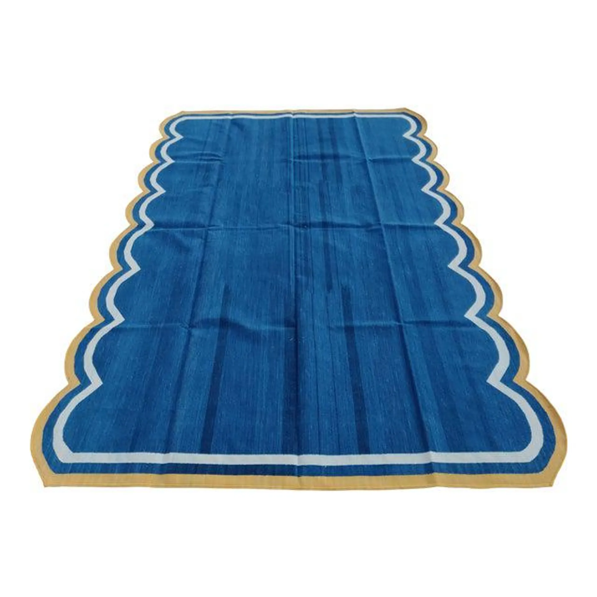Handmade Cotton Vegetable Dyed Scalloped Edge Rug Royal Blue With Cream and Yellow Border - 6x9