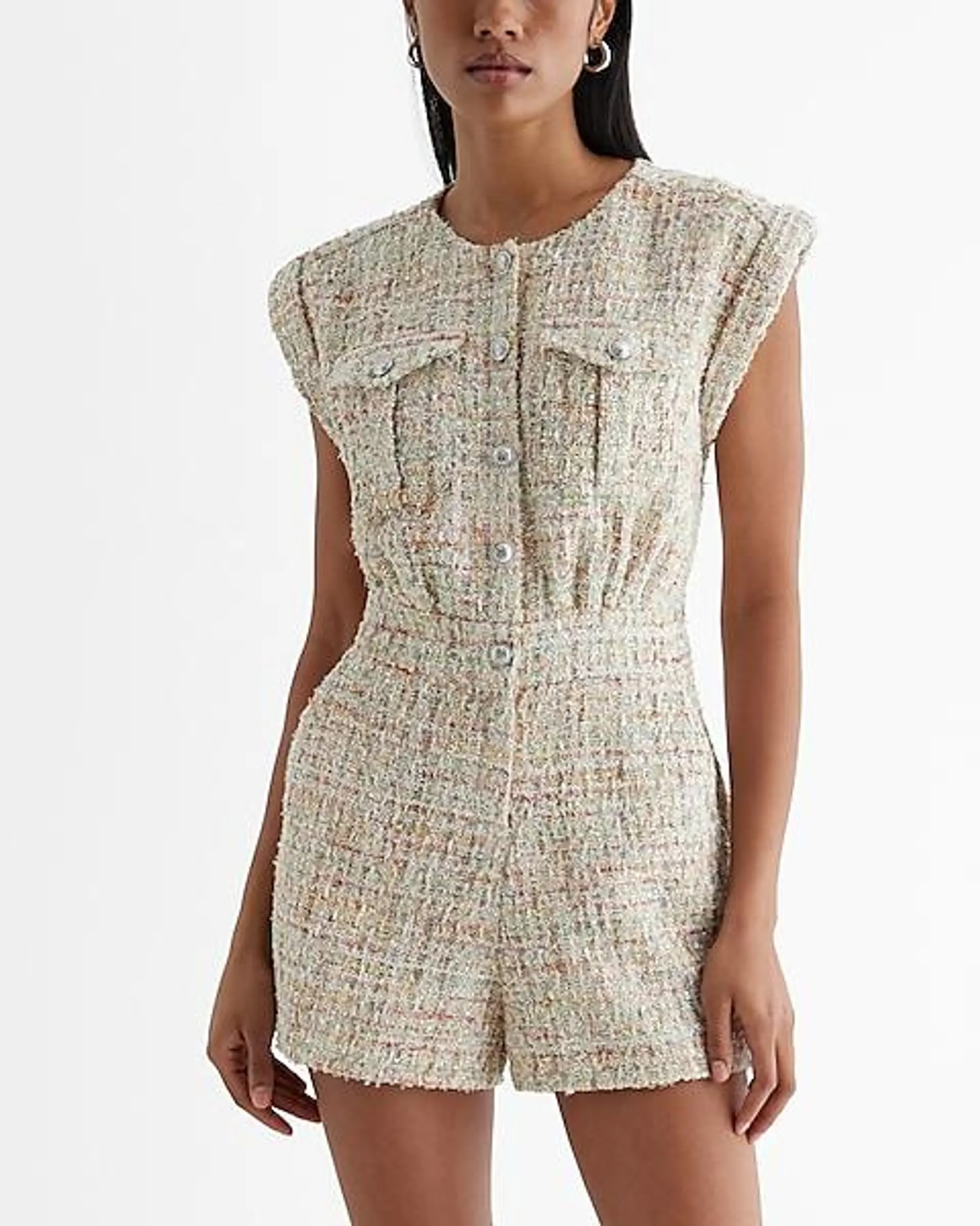 Tweed Sequin Button Front Utility Romper