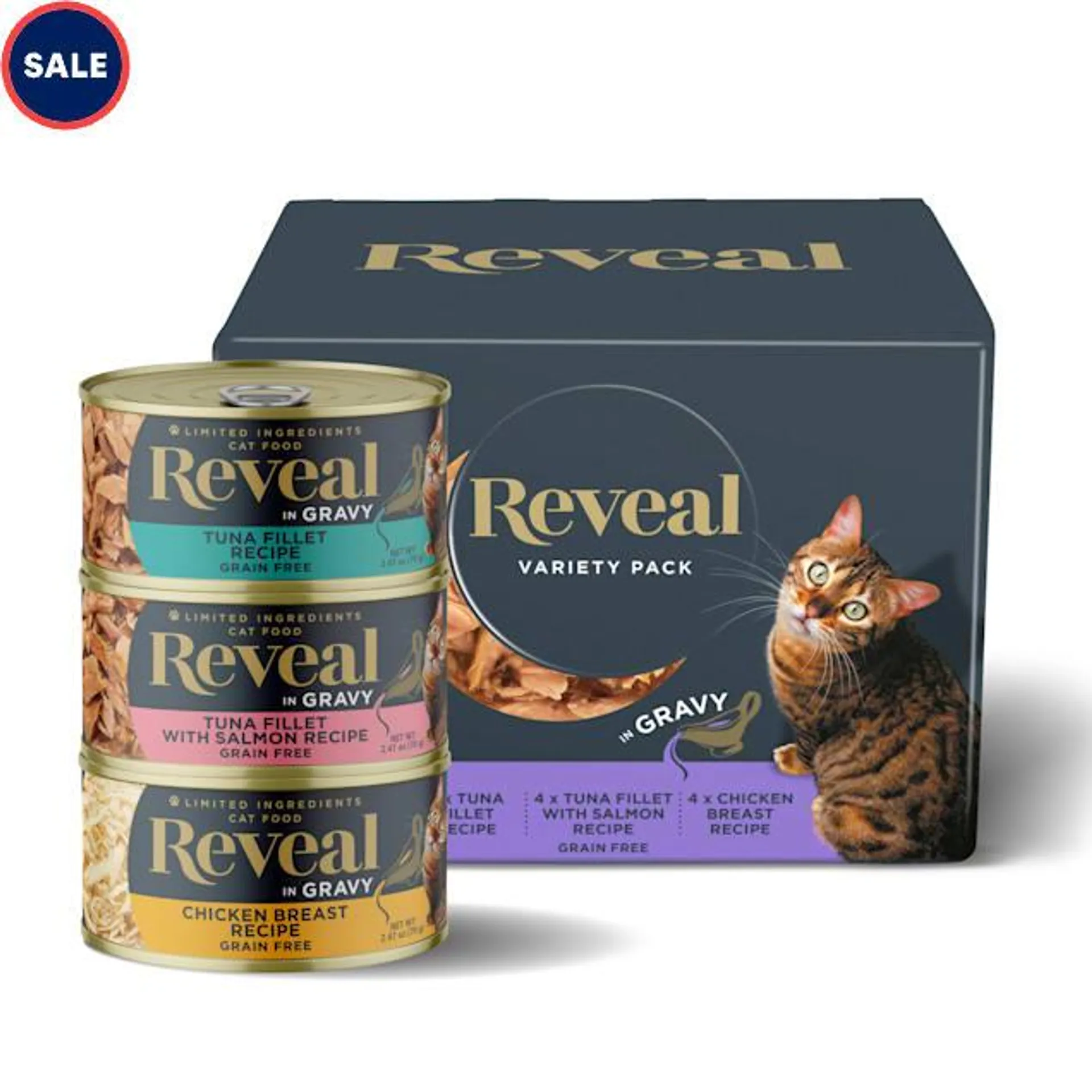 Reveal Limited Ingredient Natural Grain Free, Fish and Chicken Flavors in Gravy Wet Cat Food Variety Pack, 2.47 oz., Count of 12