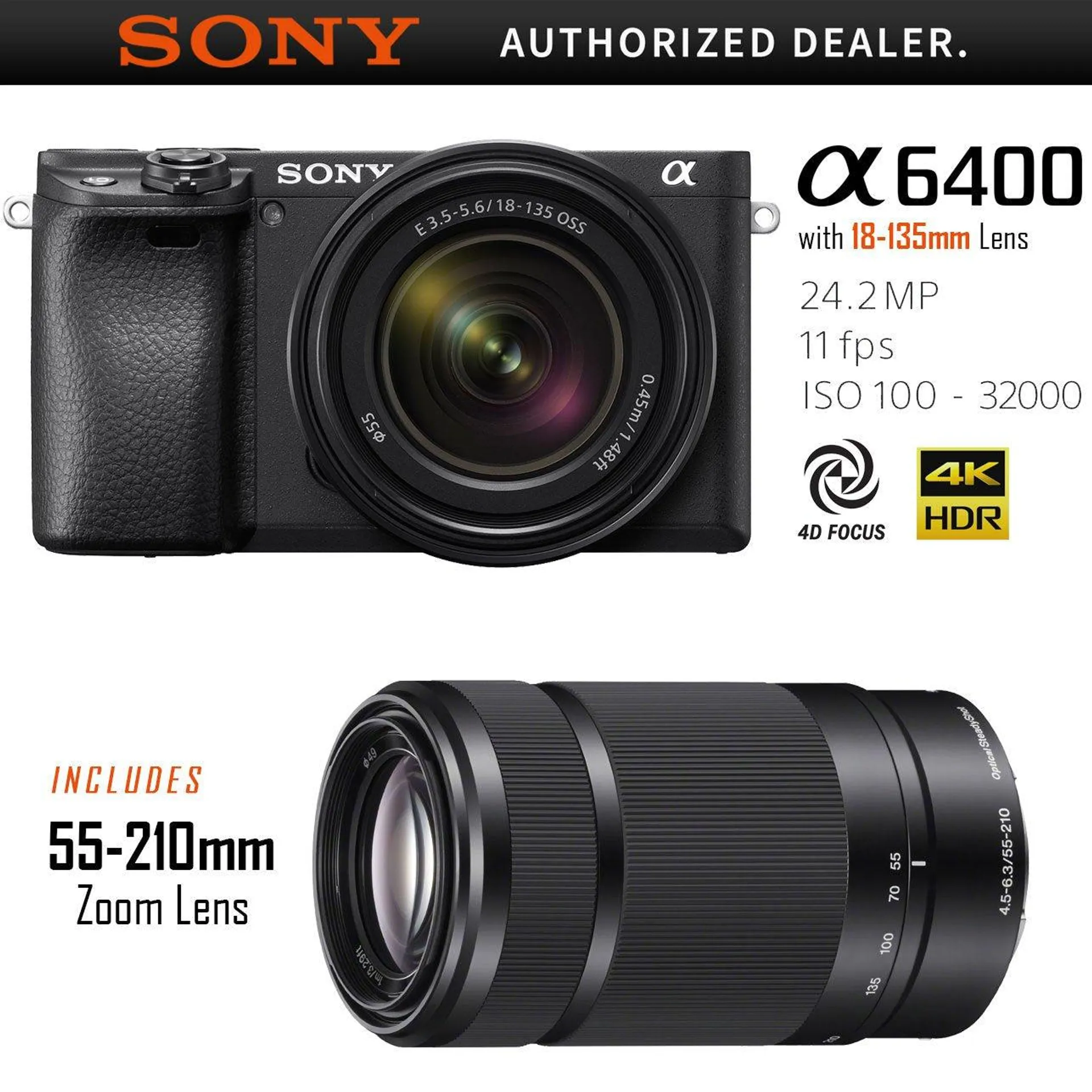 Sony a6400 Mirrorless APS-C Camera with 18-135mm and 55-210mm Zoom Lens (ILCE-6400M)