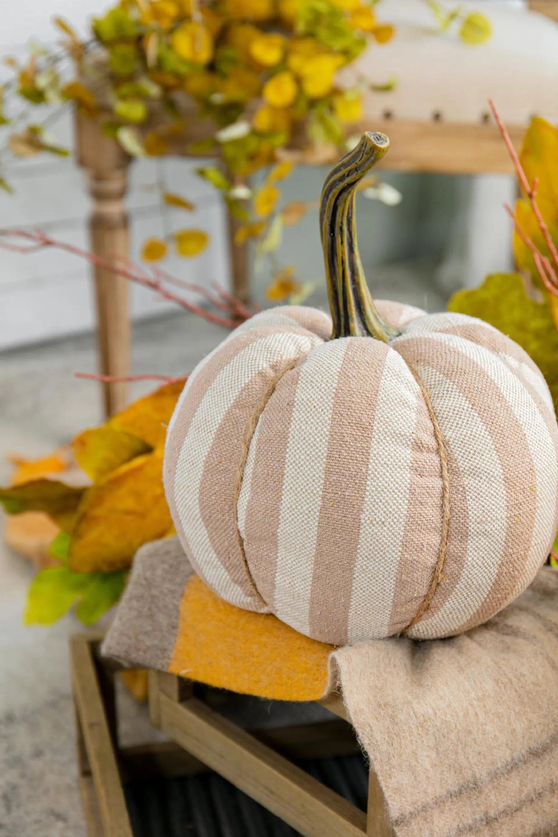Pier 1 Taupe Striped Fabric Weighted Pumpkin