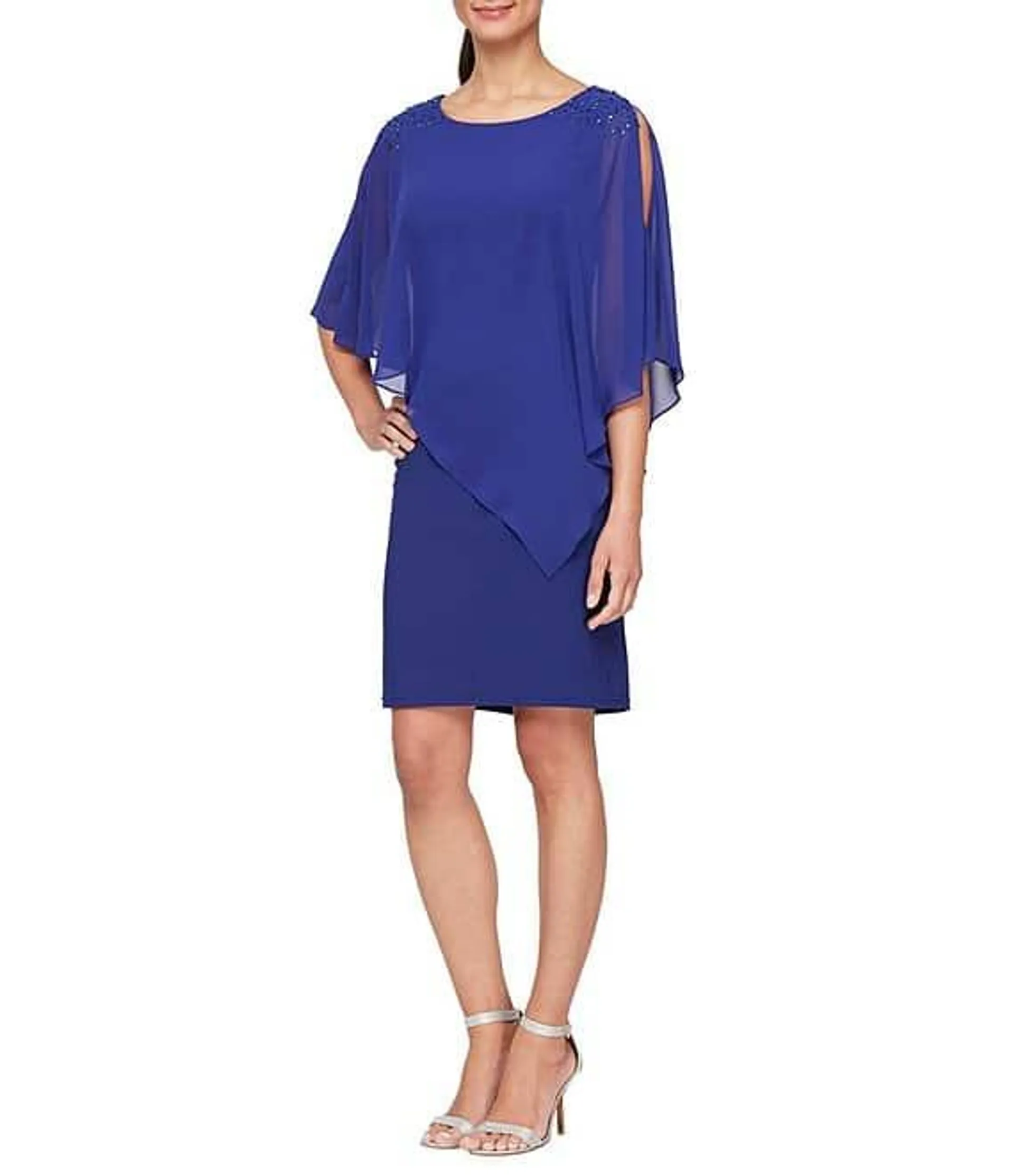 Chiffon Asymmetric Overlay 3/4 Sleeve Beaded Shoulder Detail Round Neck Sheath Dress