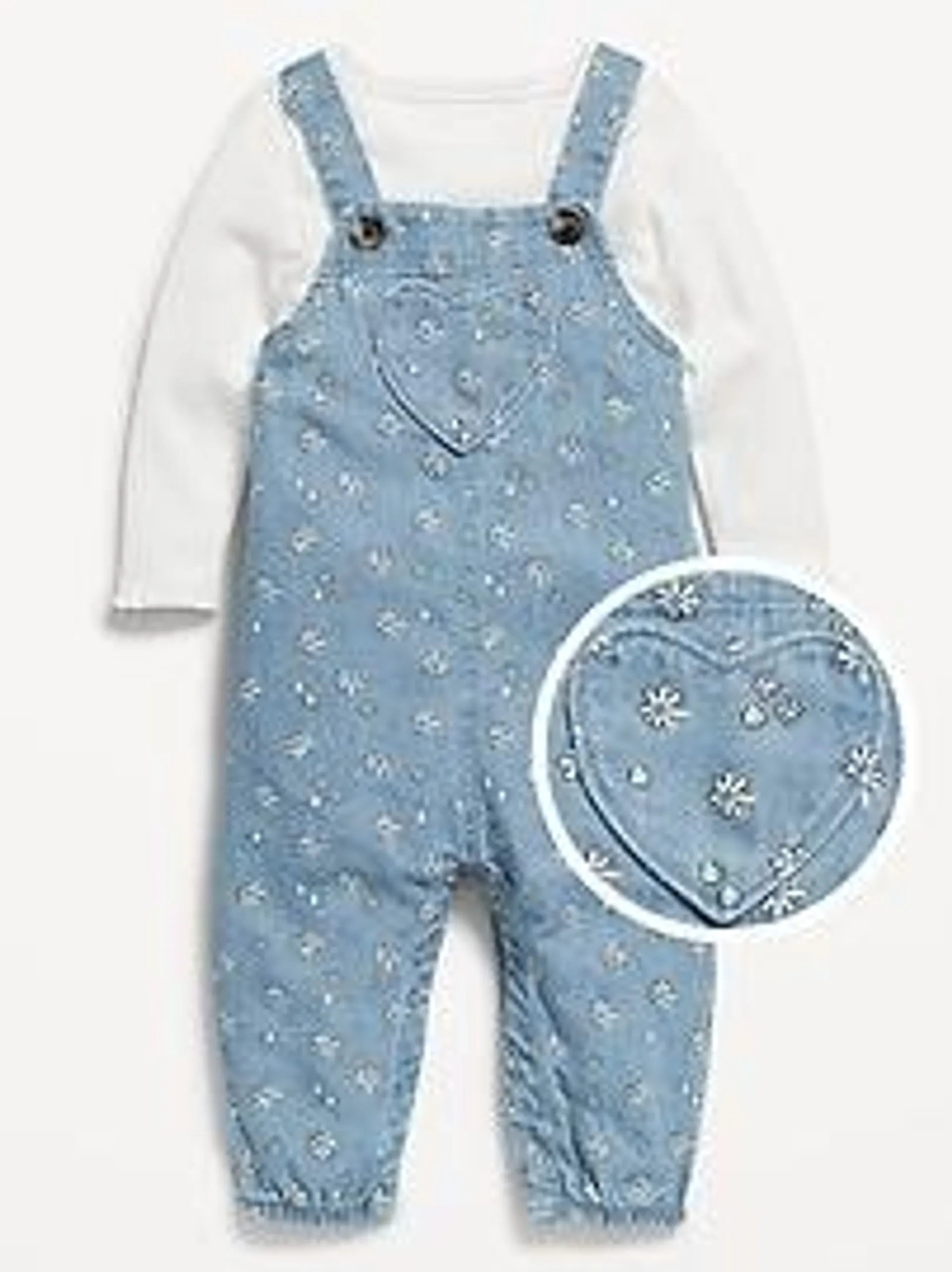 Long-Sleeve Ribbed Top and Jean Overalls Set for Baby