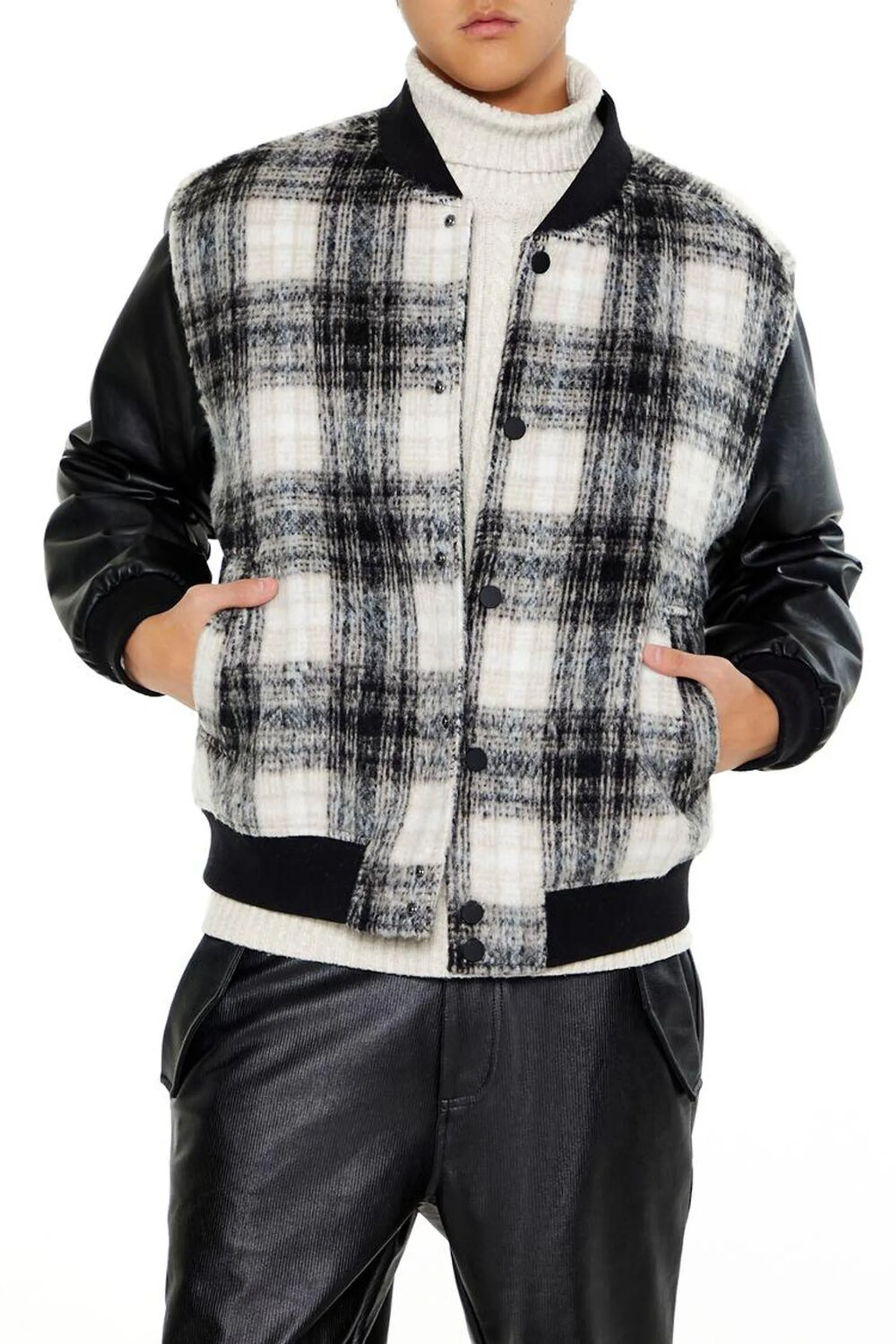 Plaid Faux Leather Bomber Jacket