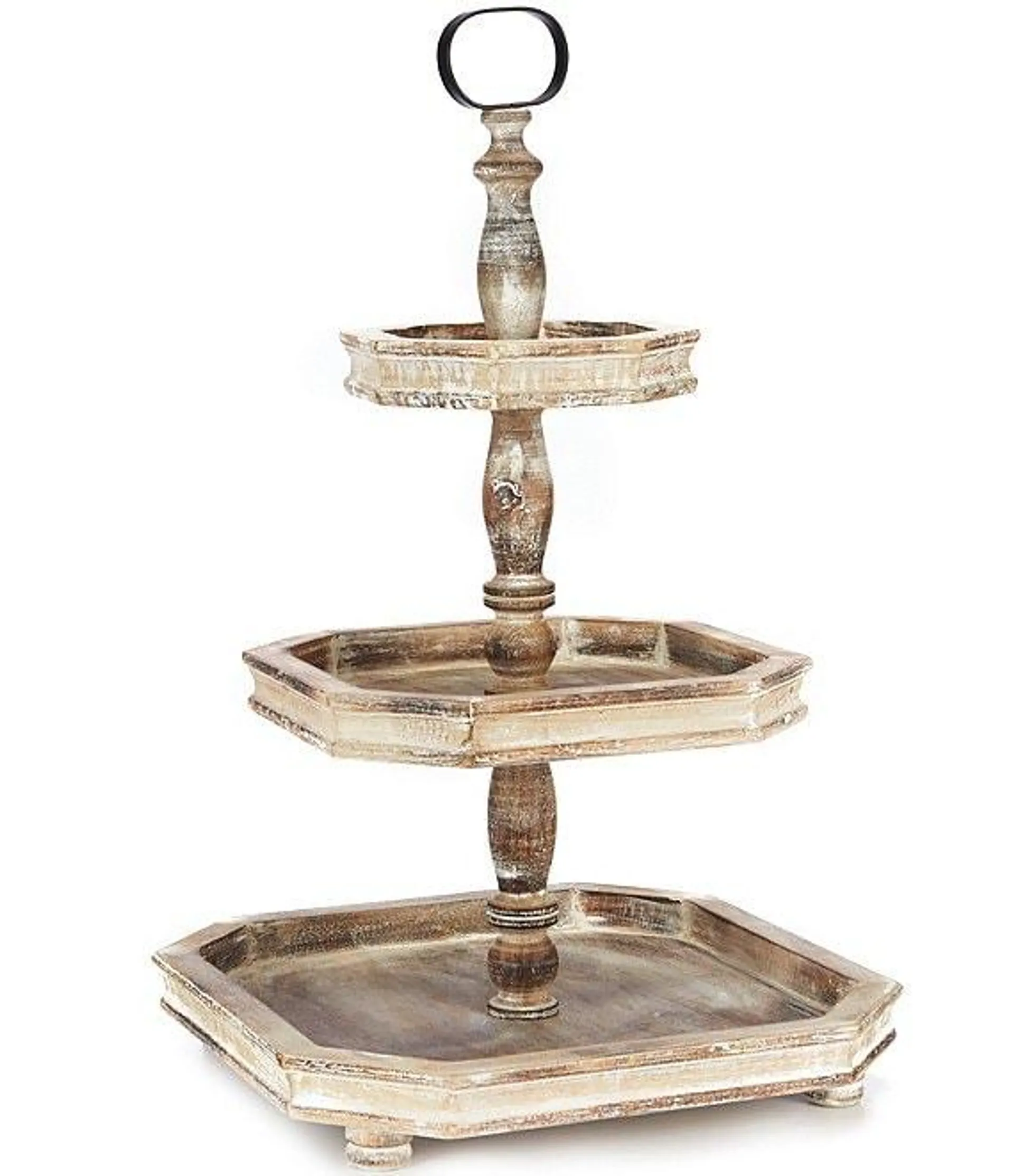 Burnt White Washed 3-Tier Square Wood Server