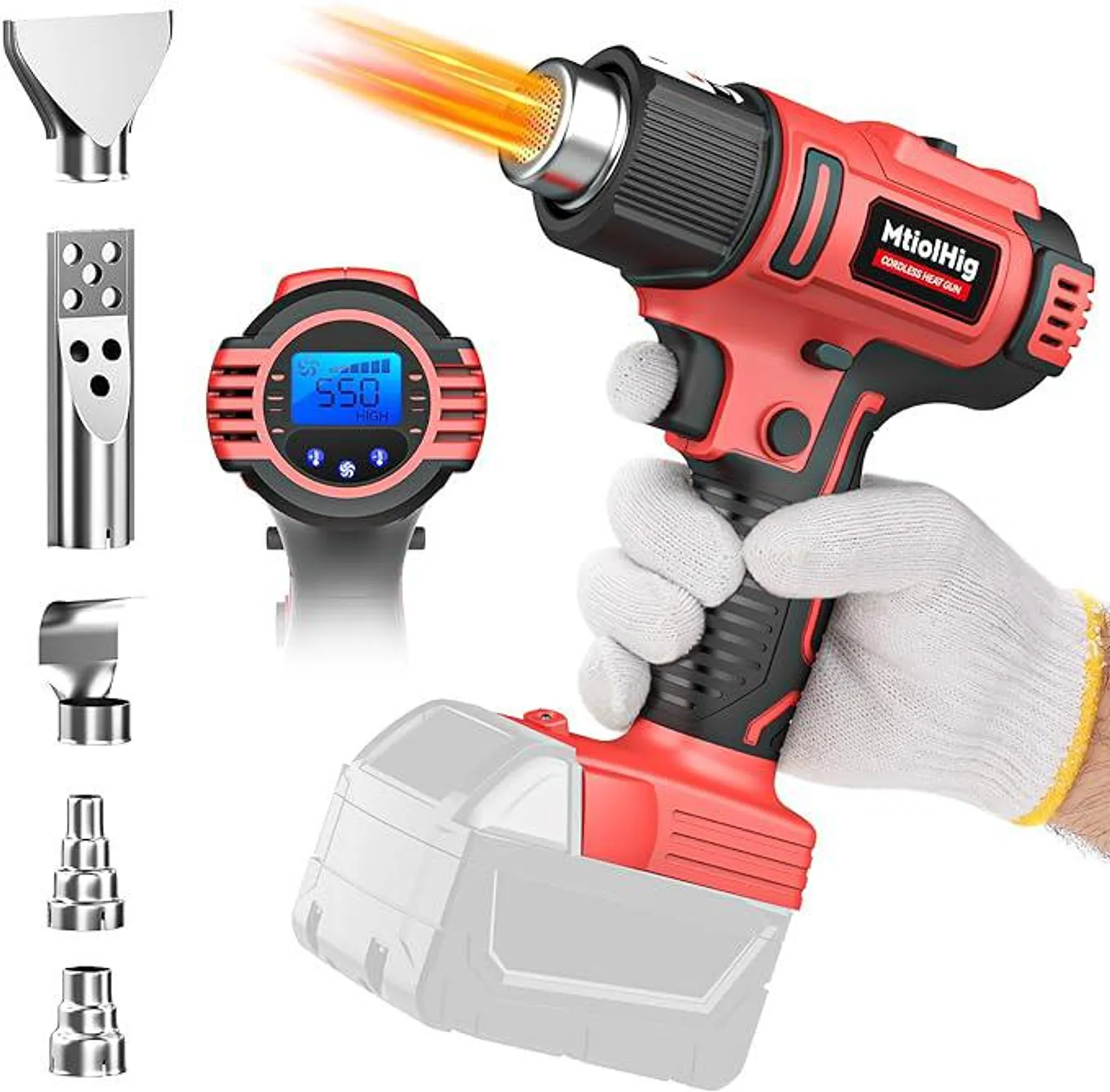 Cordless Heat Gun for Milwaukee 18v Battery, Mtiolhig Portable 112℉ to 1022℉ Battery Powered Heat Shrink Gun with 5pcs Nozzles for Crafts,Shrink Tubing,Vinyl Wrap,Paint Removal(Battery Not Include)