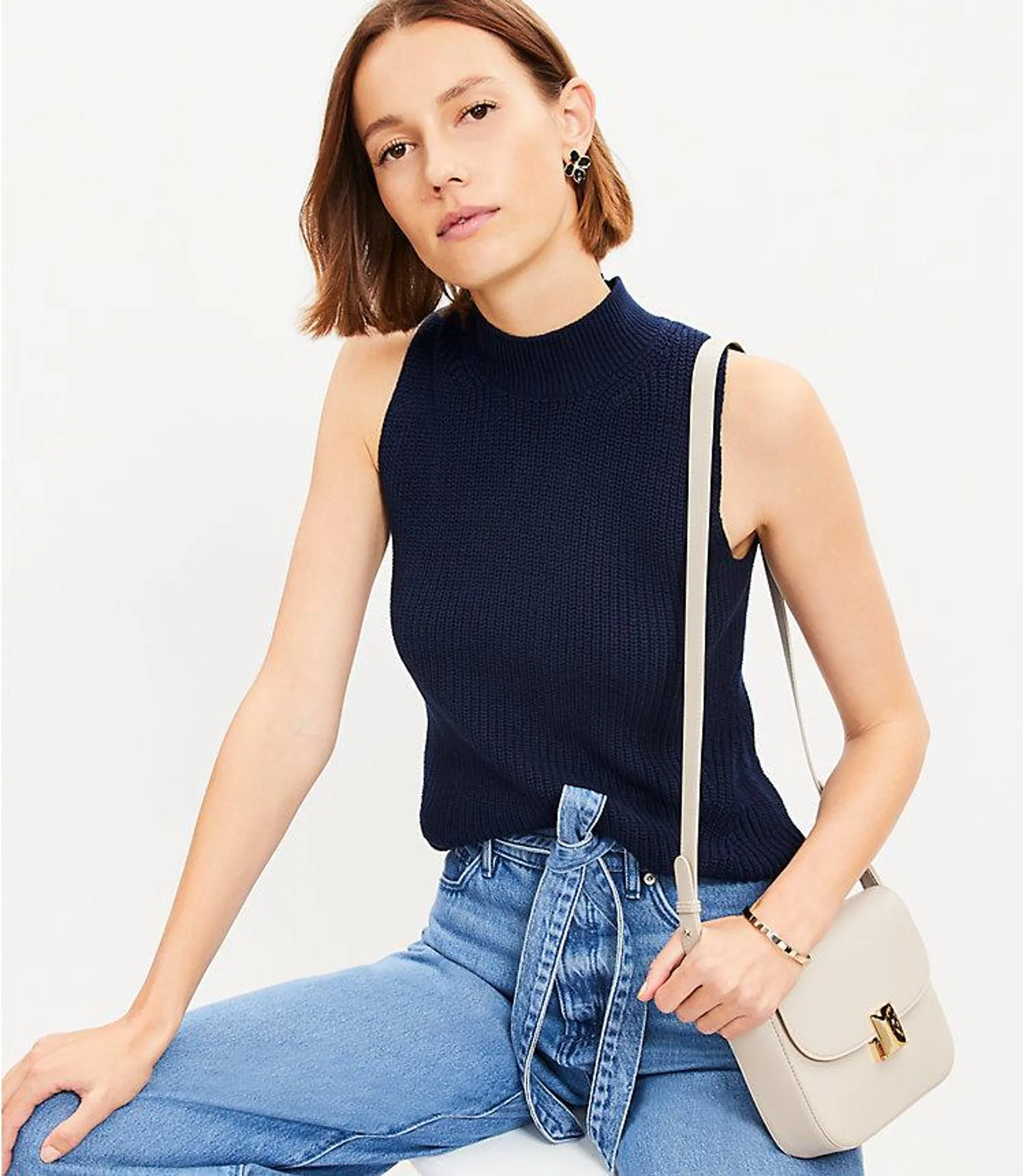 Ribbed Mock Neck Sleeveless Sweater