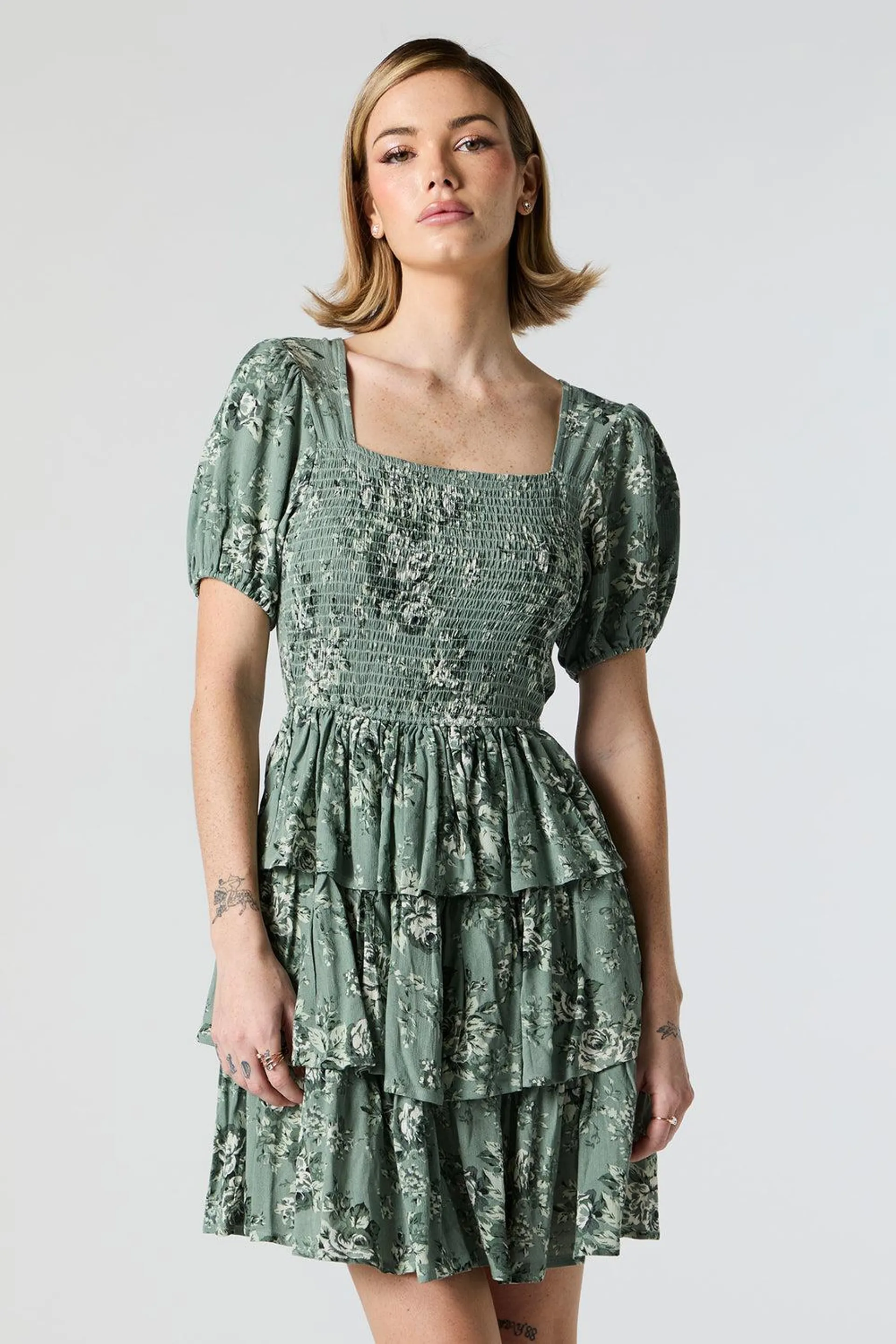 Sage Floral Smocked Tiered Mini Dress