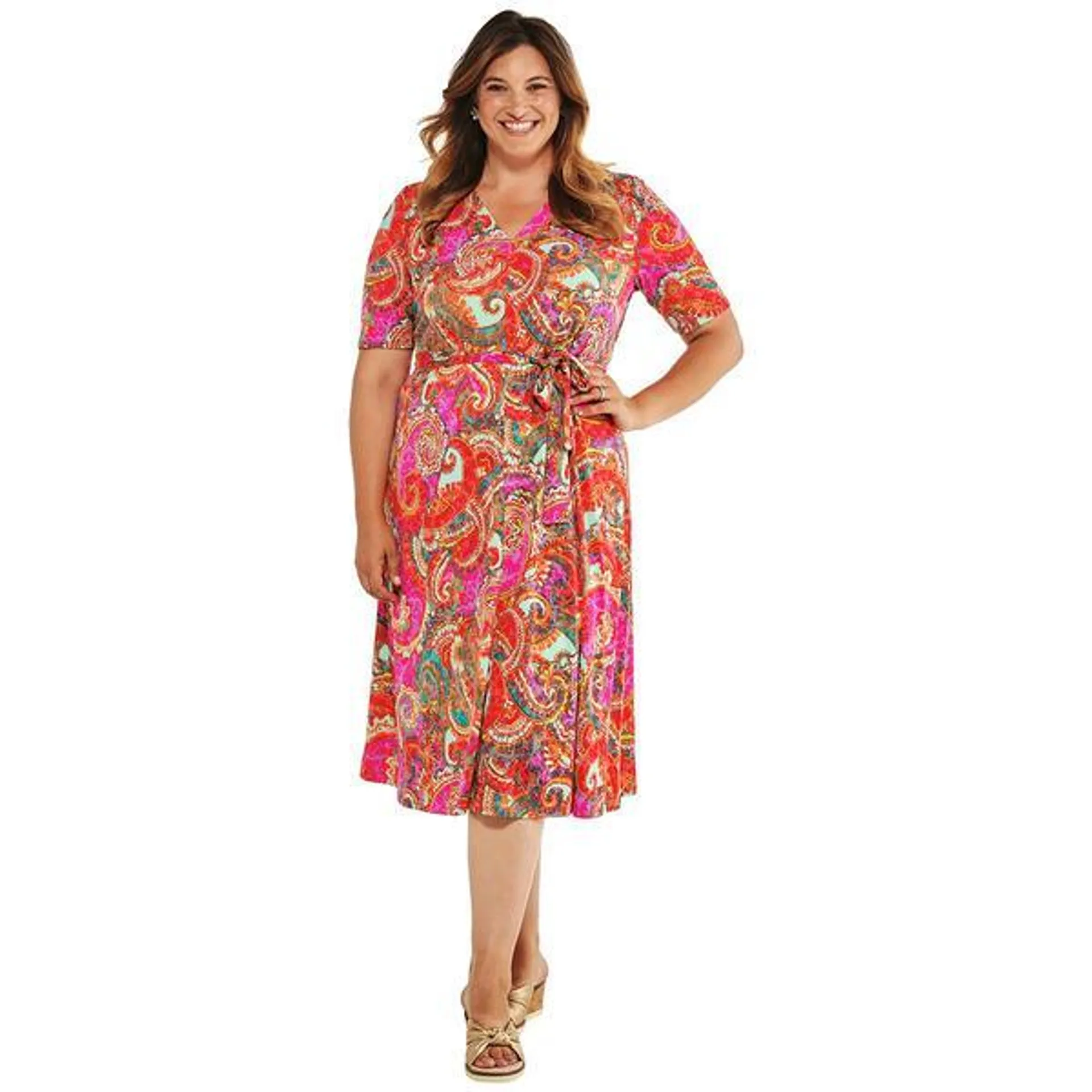 Plus Size MSK Short Sleeve V-Neck Paisley Midi Dress