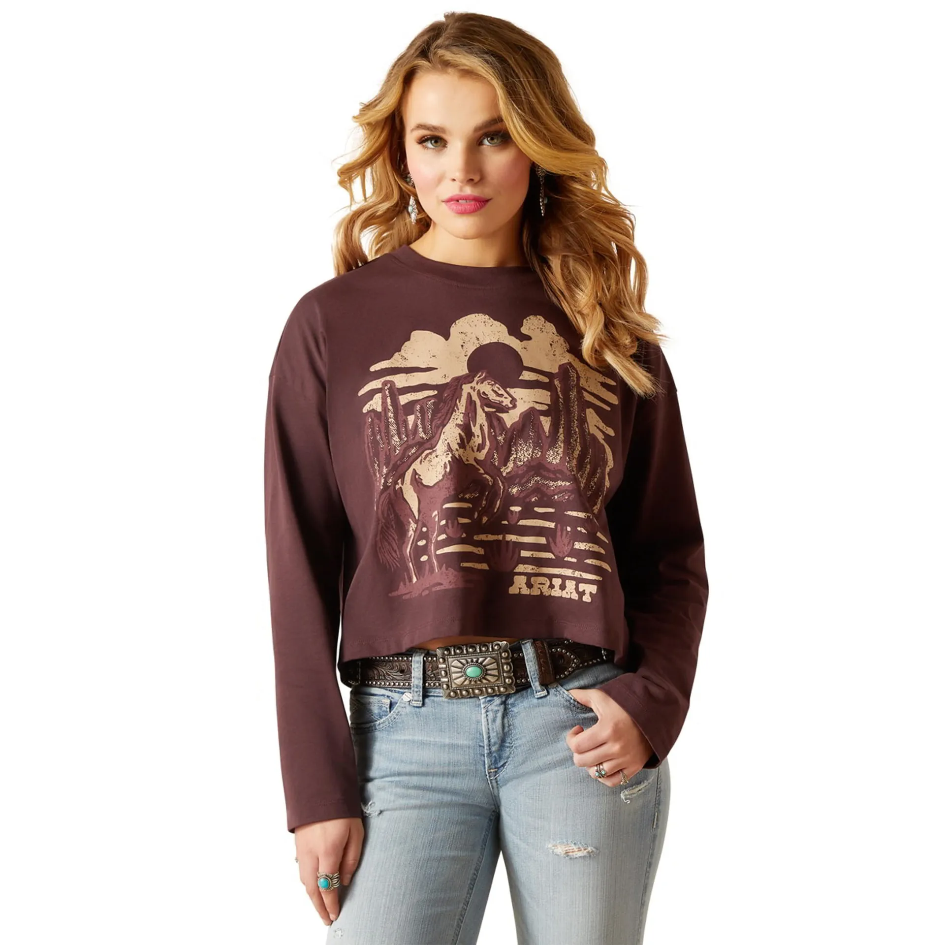 Ariat Womens Clove Brown Desert Horse Long Sleeve Crop Tee