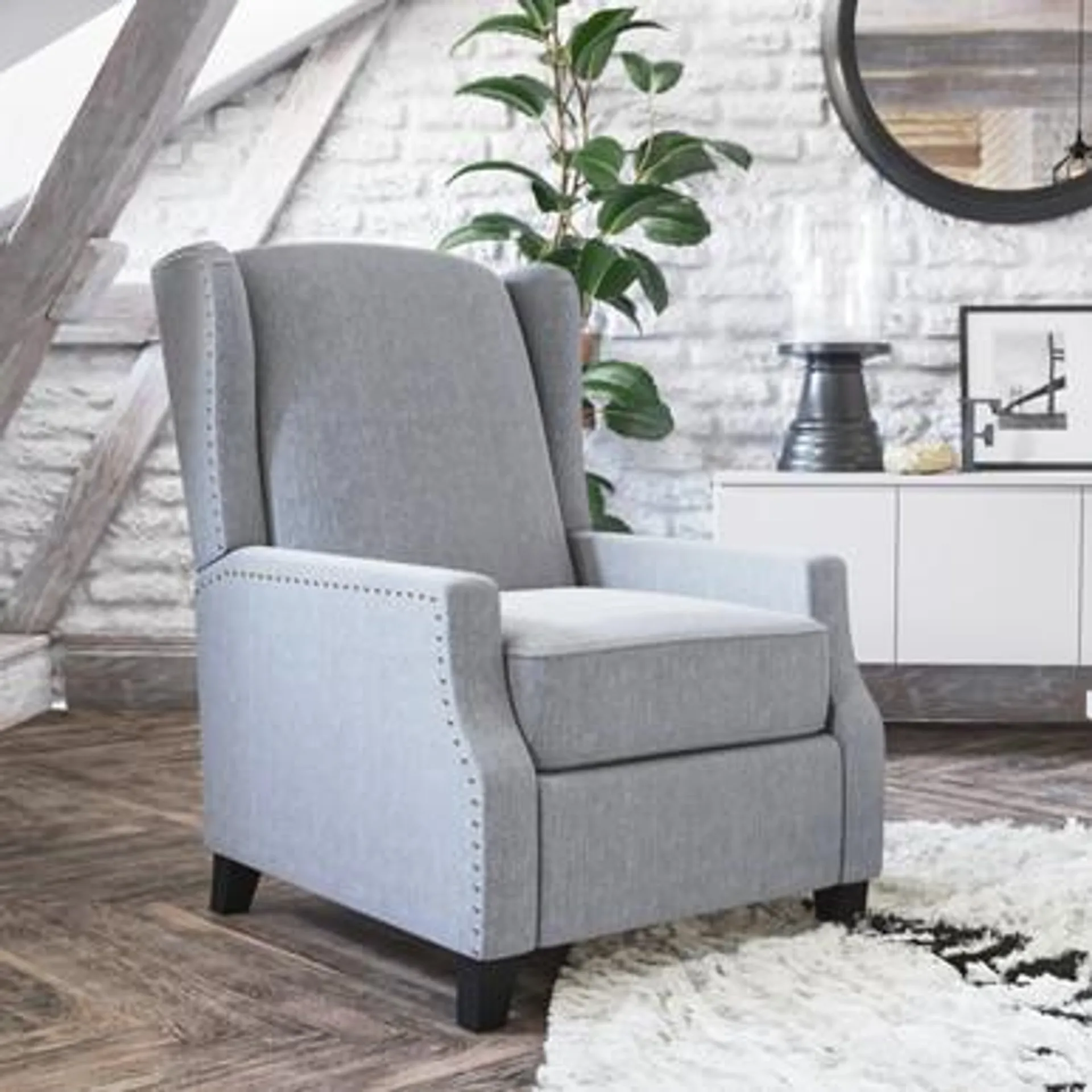 Prescott Traditional Style Slim Push Back Recliner Chair-Wingback Recliner with Gray Polyester Fabric Upholstery-Accent Nail Trim