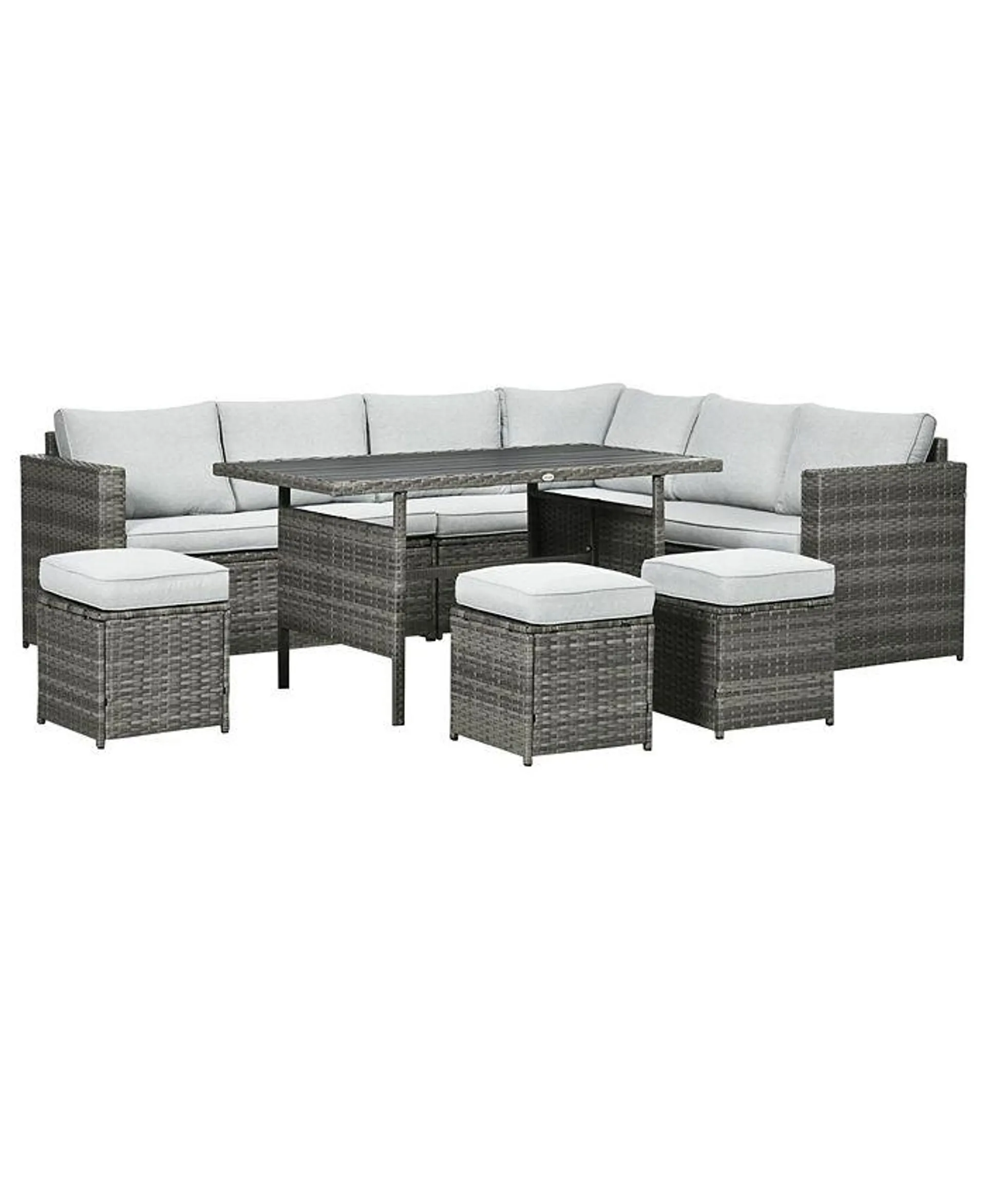 7 Piece Patio Furniture Set, Outdoor L-Shaped Sectional Sofa with 3 Loveseats, 3 Ottoman Chairs, Outside Conversation Set with Dining Table, Cushions, Storage, Mixed Gray