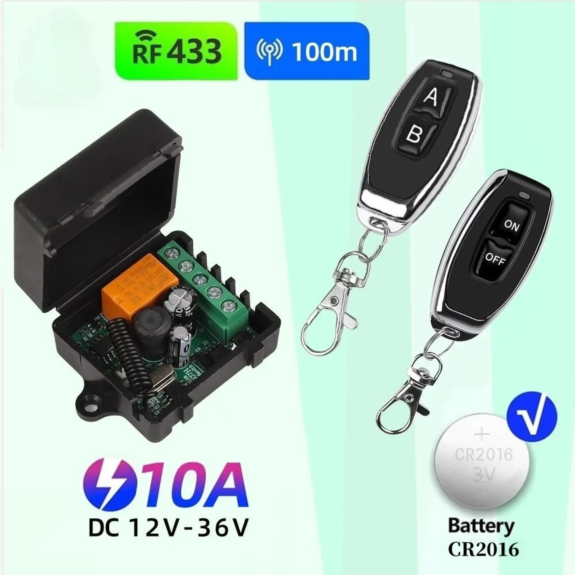 Interruptor inalámbrico de control remoto RF de 433 Mhz, CC de 12 V, 24 V, 36 V, 10 A, receptor de relé RF de 1 canal y kit de transmisor de 2 canales para hogar inteligente