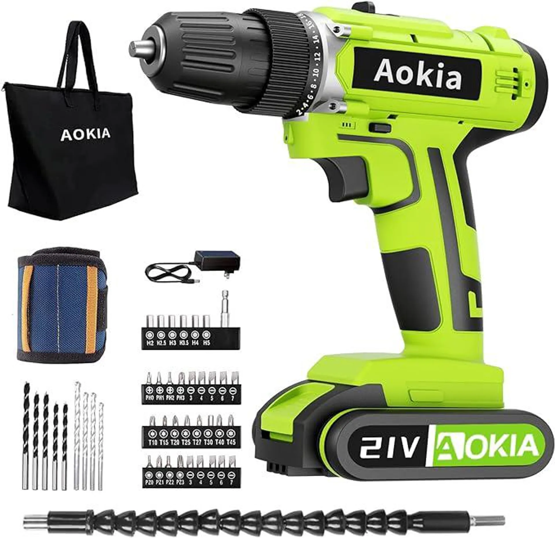 Aokia Power Cordless Drill Set: 21V Electric Driver Tool Kit Drill Driver 3/8-Inch Keyless Chuck 1500rpm Variable Speed Drilling Wall Wood Metal 43pcs Drill Bits