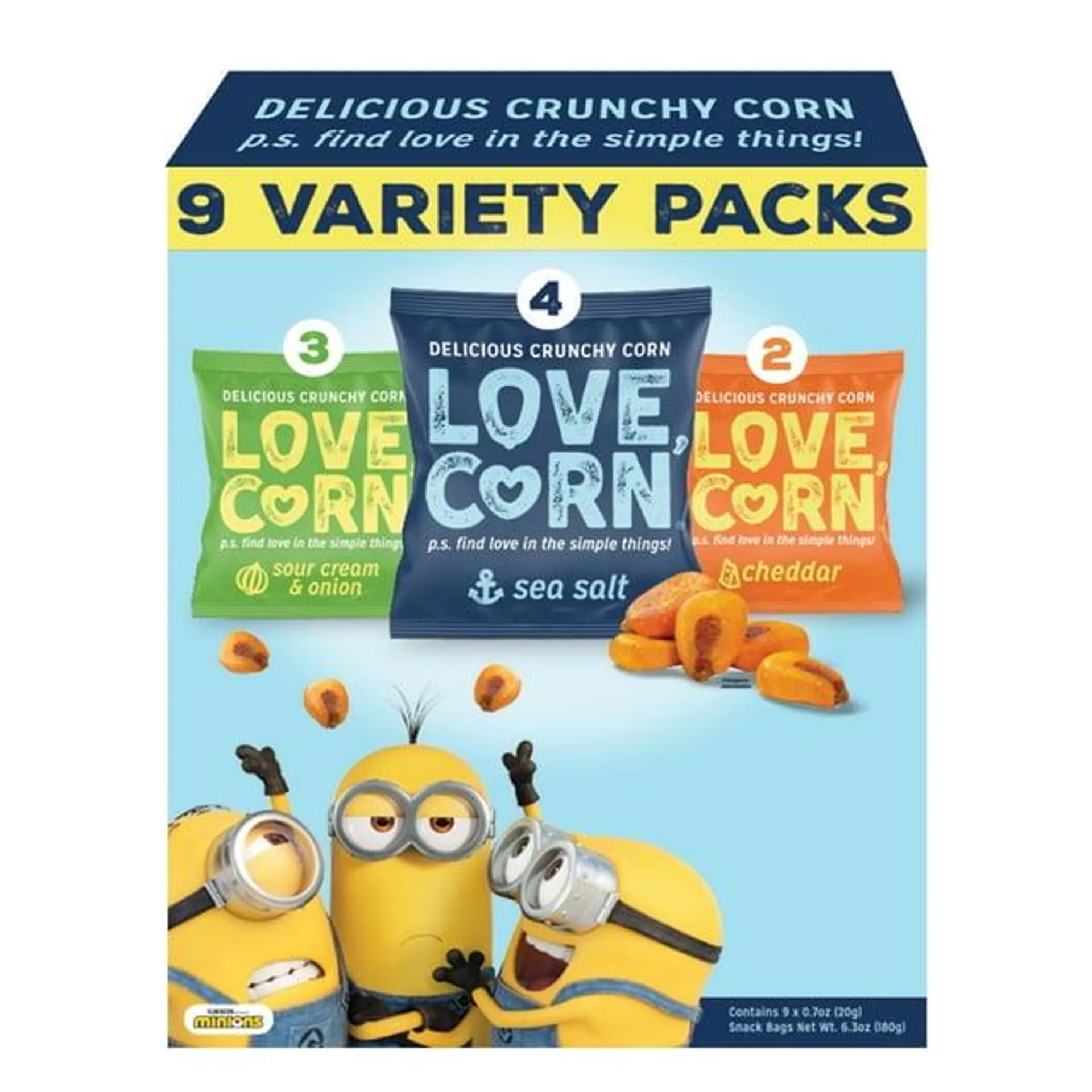 LOVE CORN: 9ct Variety Pack: Sea Salt, Cheddar, and Sour Cream & Onion (9 x 0.7oz) | Roasted Crunchy Corn - Gluten-Free - Plant based & Vegan - Healthy Snack - Low Calorie - Non GMO