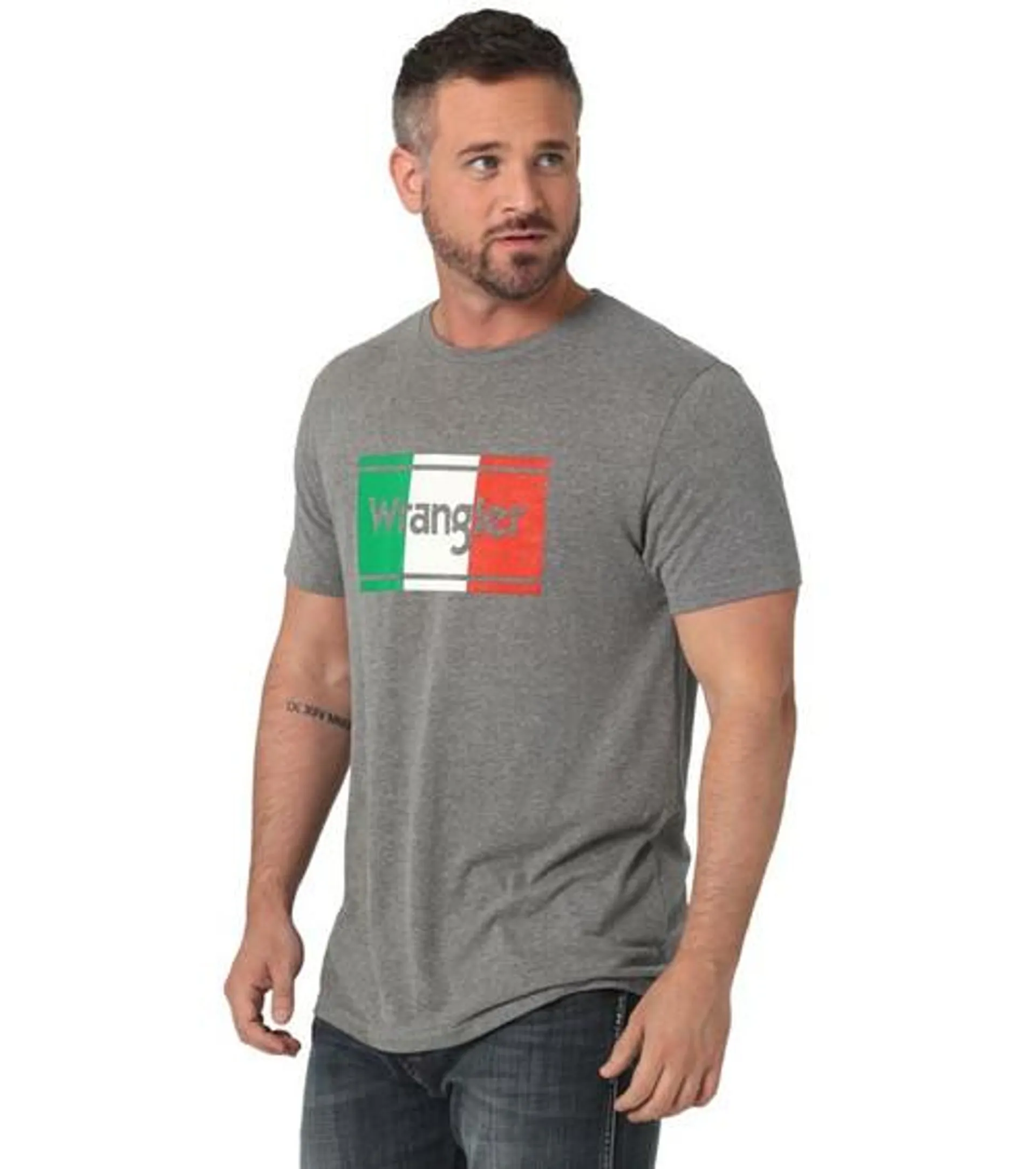 Wrangler Mens Grey Mexico Flag Logo Short Sleeve T-Shirt