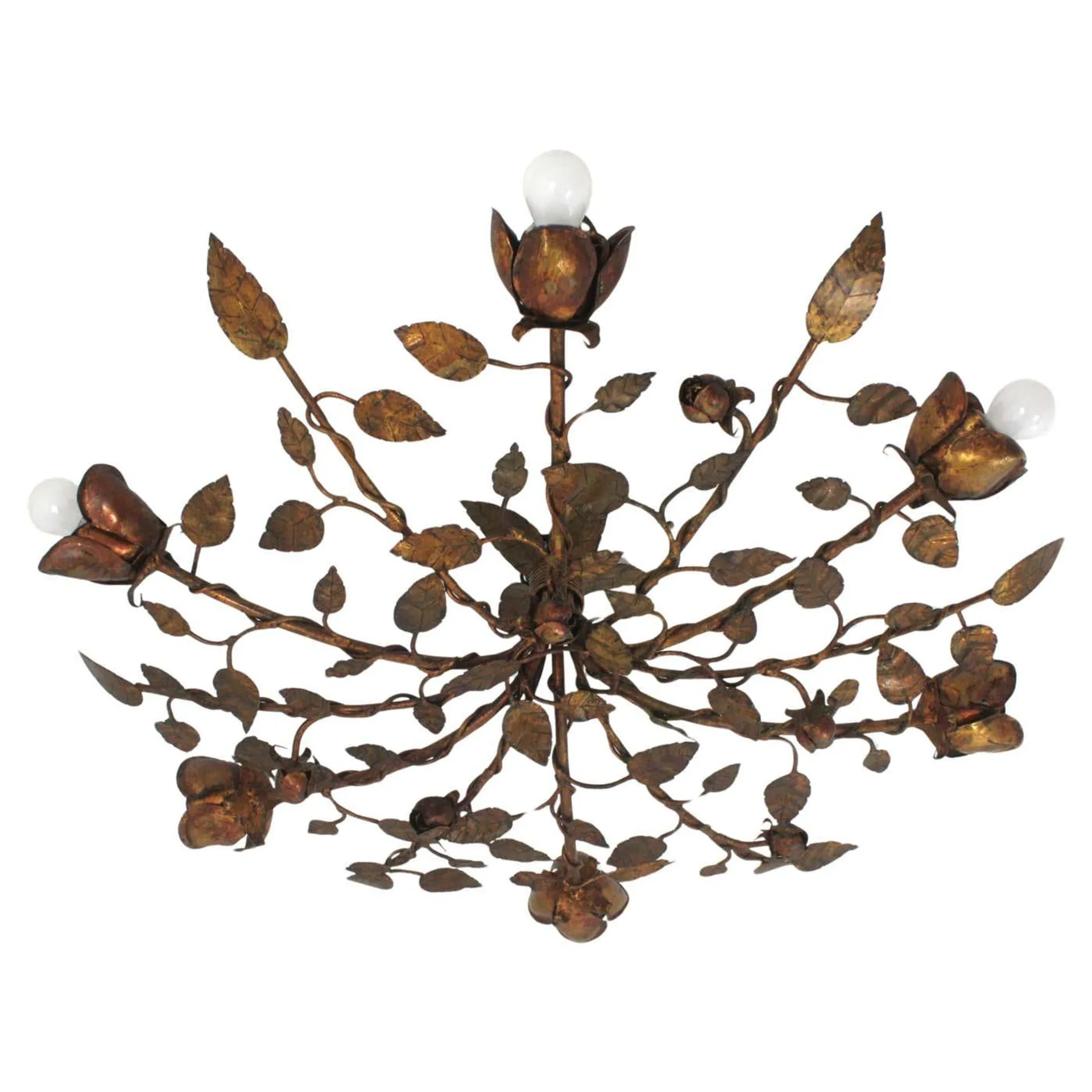 Rosebush Tree Ceiling Light Fixture / Chandelier in Gilt Iron, Spain 1950s