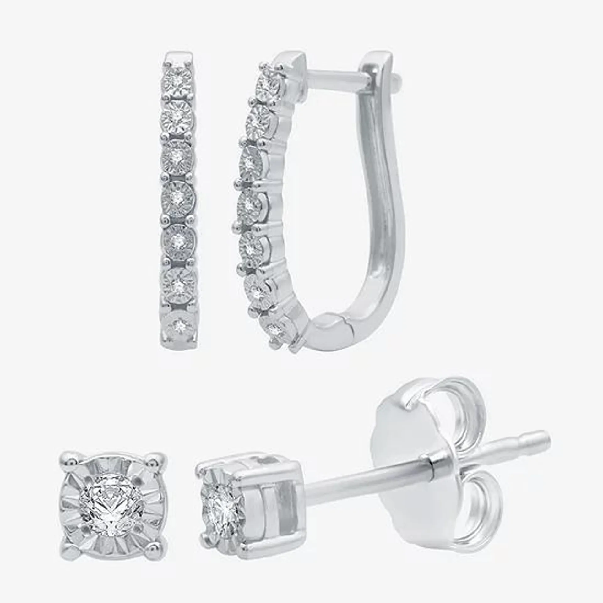 YES PLEASE! 1/10 CT. T.W. Diamond Hoop and Stud Earring Set in Sterling Silver