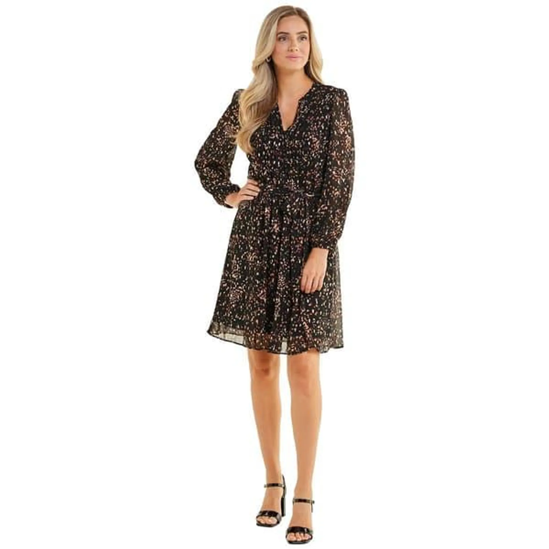 Petite MSK Long Sleeve Pintuck Confetti Chiffon Fit & Flare Dress