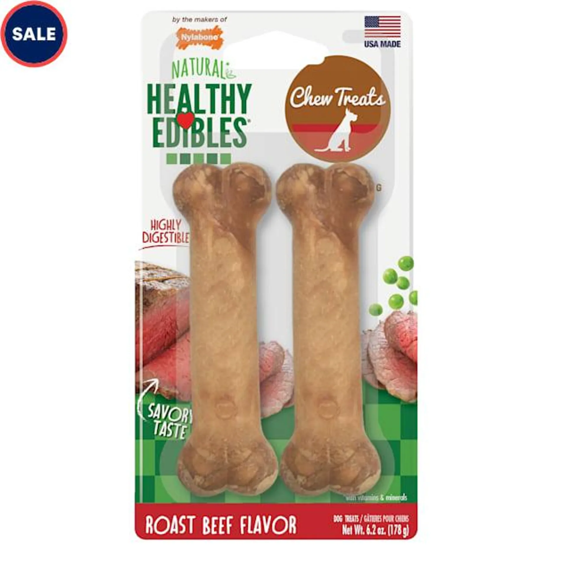 Nylabone Healthy Edibles Roast Beef Flavored Dog Bone Chews, Small, Count of 2