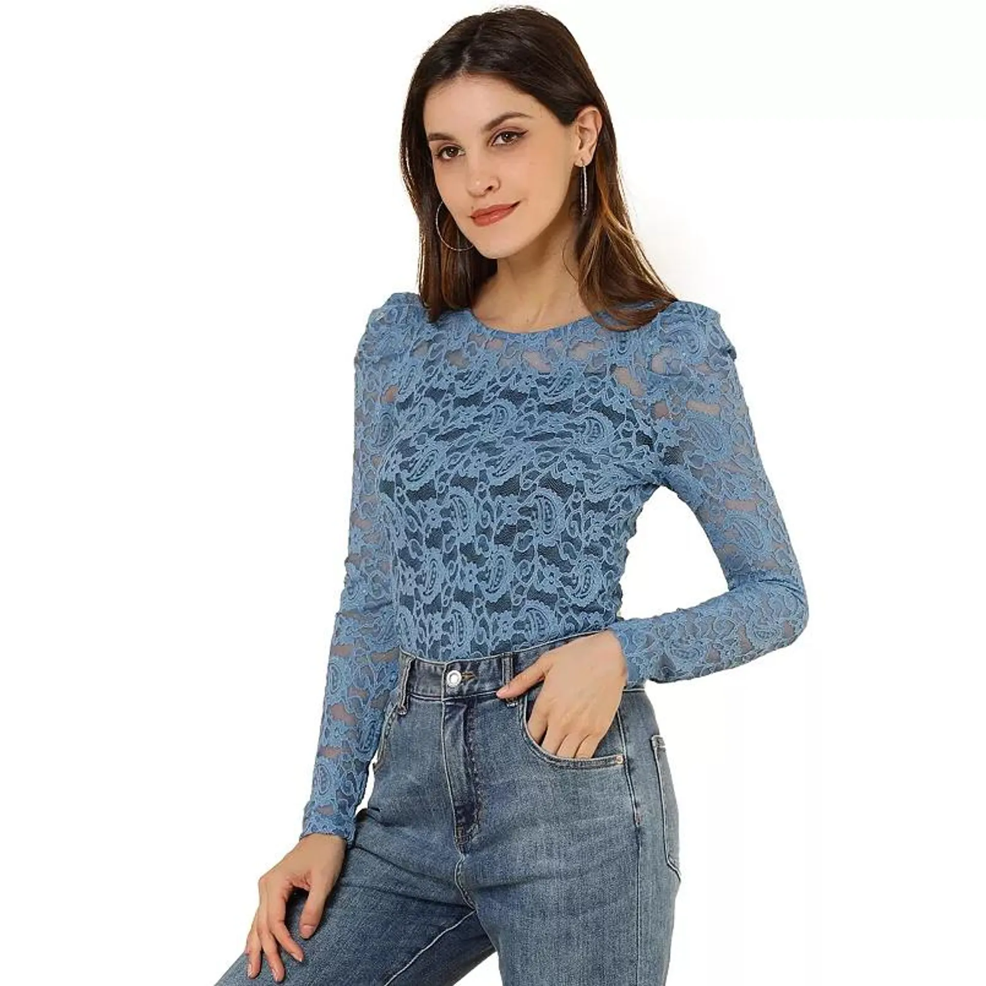 Women's Vintage Semi Sheer Long Sleeve Embroidery Blouse Lace Top