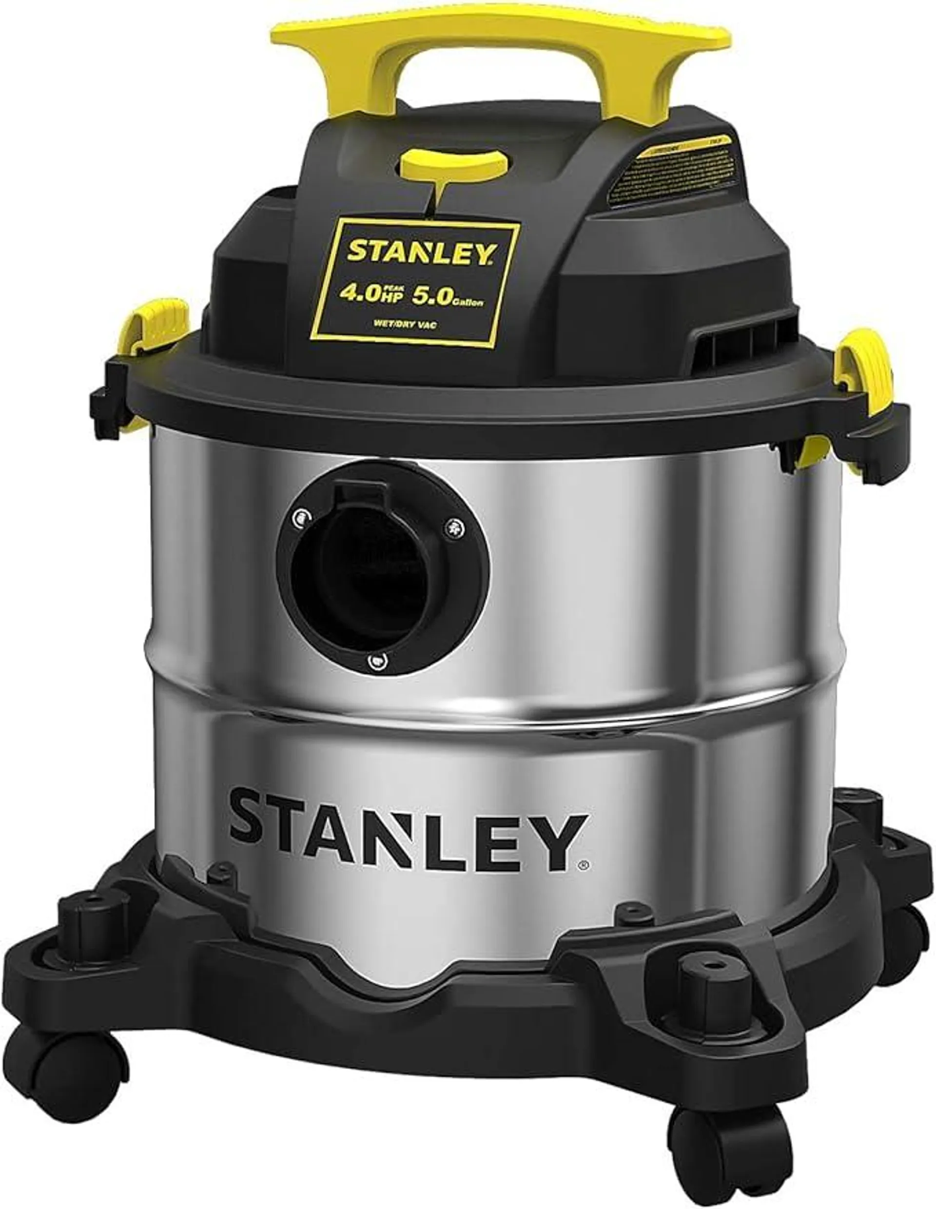 STANLEY Wet Dry Vacuum Cleanner, 5 Gallon Portable Shop Vacuum Wet/Dry, 4 Horsepower, Stainless Steel Tank, 4.0 HP, Silver+Yellow, SL18115