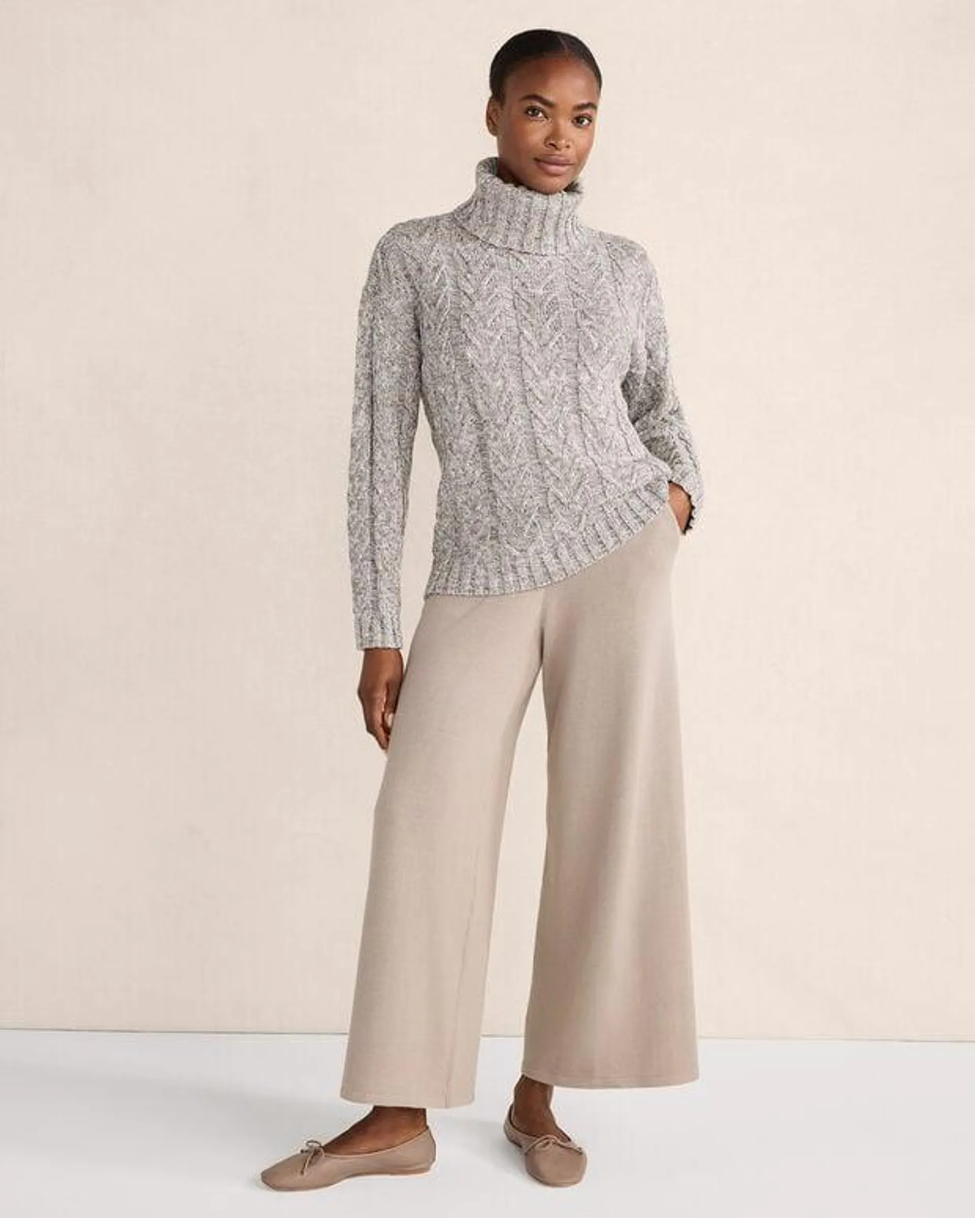 Marled Organic Cotton Cable Knit Turtleneck Sweater